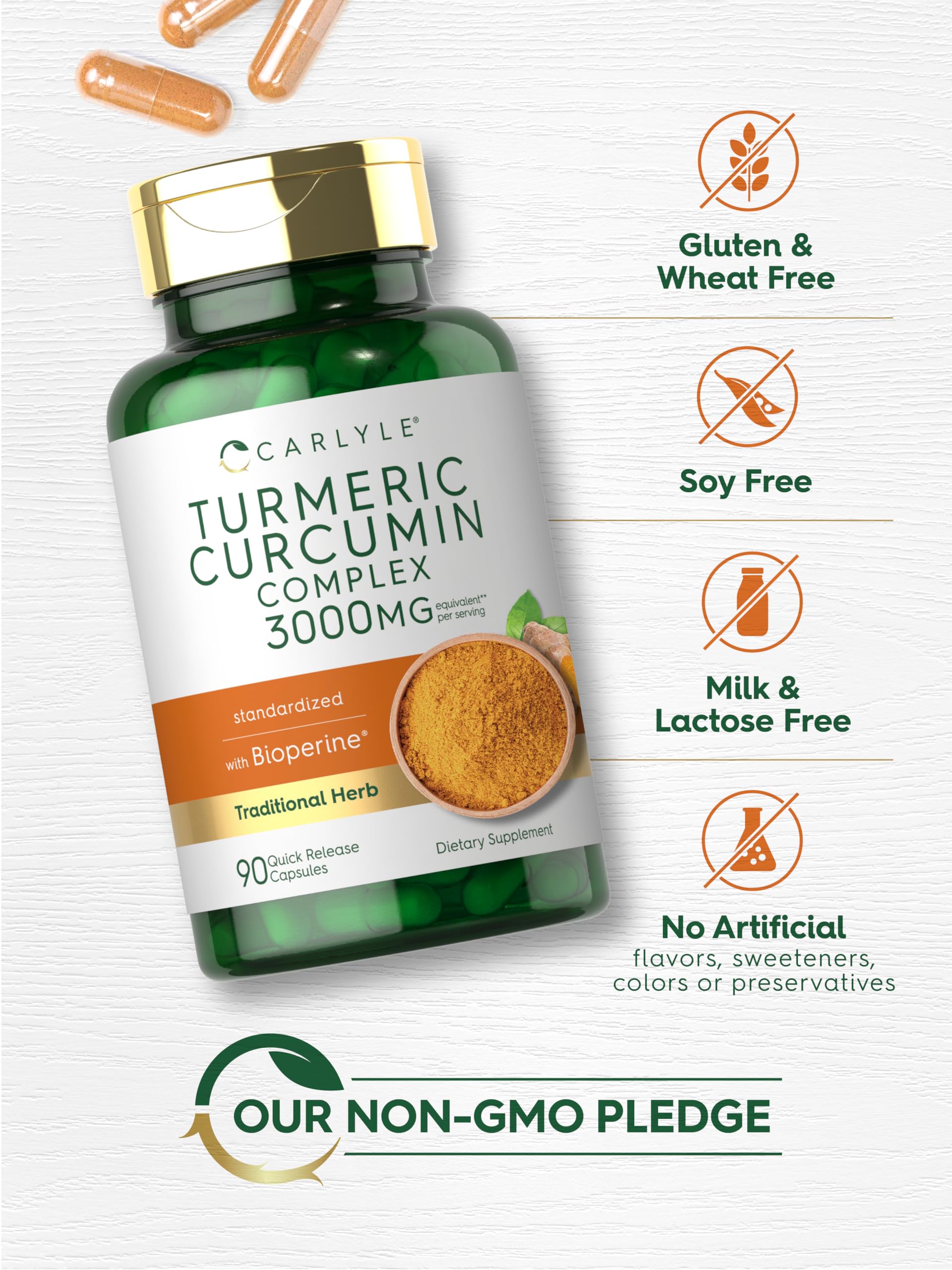 Carlyle Turmeric Curcumin with Black Pepper | 90 Powder Capsules | Complex Supplement with Bioperine | Non-GMO, Gluten Free - Image 5