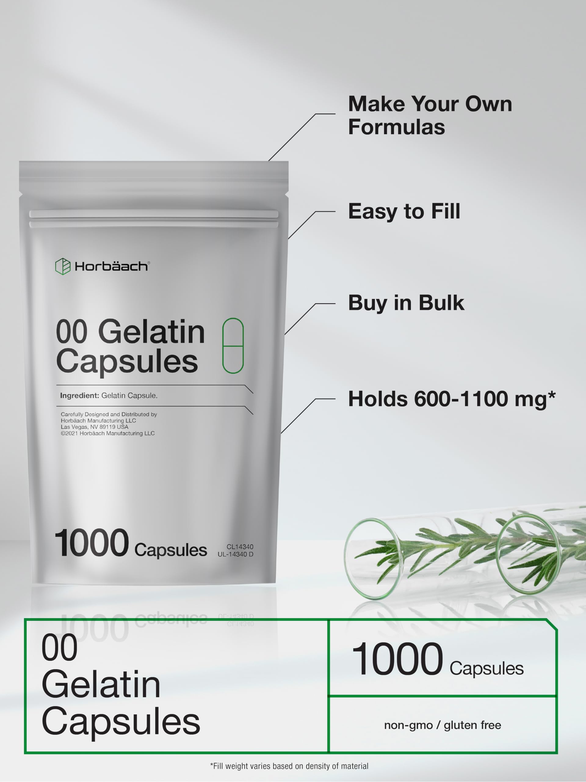 Empty Capsules Size 00 | 1000 Clear Gelatin Capsules | Resealable Bag | Non-GMO, Gluten Free | By Horbaach - Image 2
