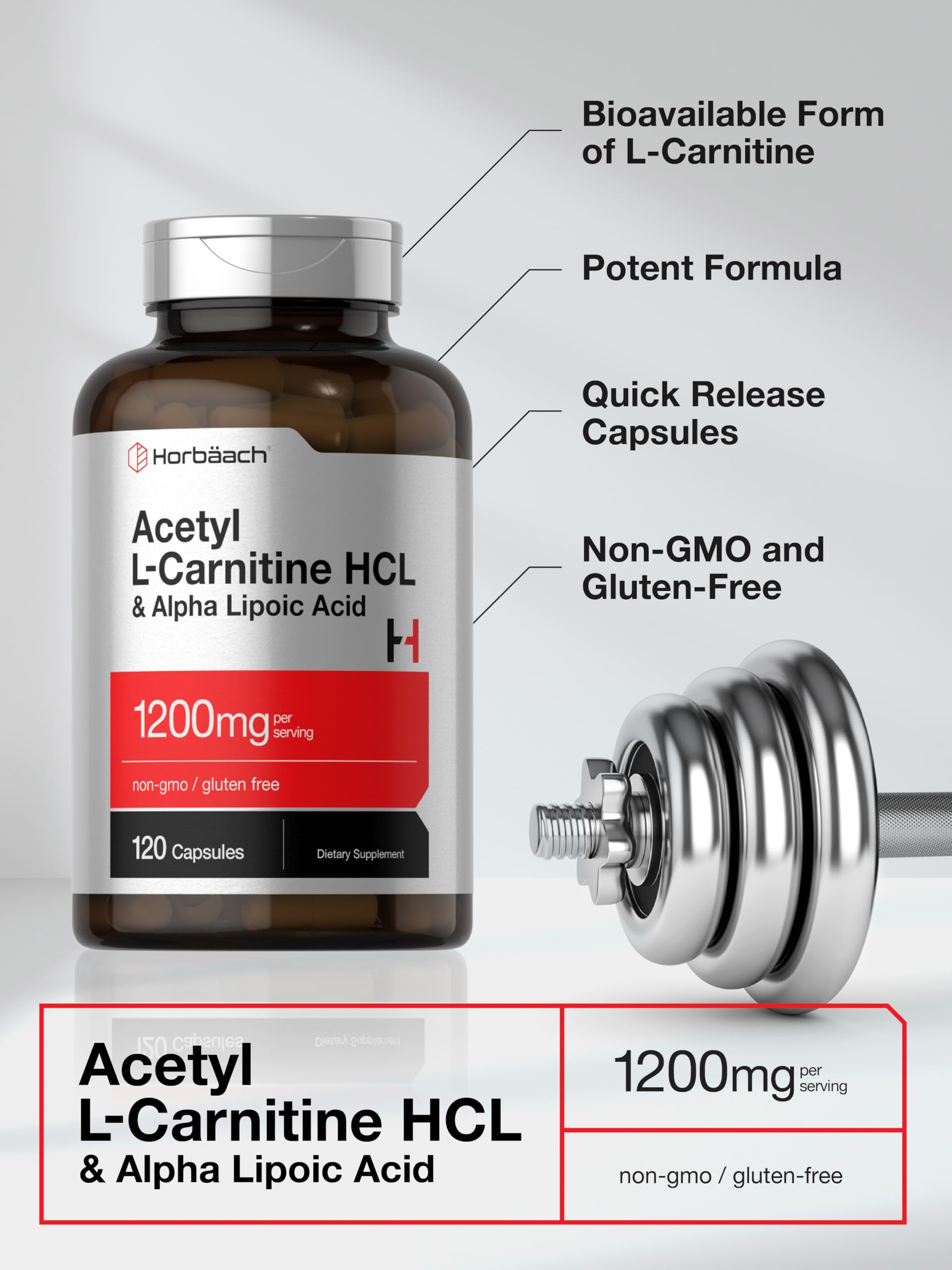 Horbäach Acetyl L Carnitine HCL & Alpha Lipoic Acid 1200mg | 120 Capsules | ALC ALA Complex | Non-GMO & Gluten Free Supplement - Image 3