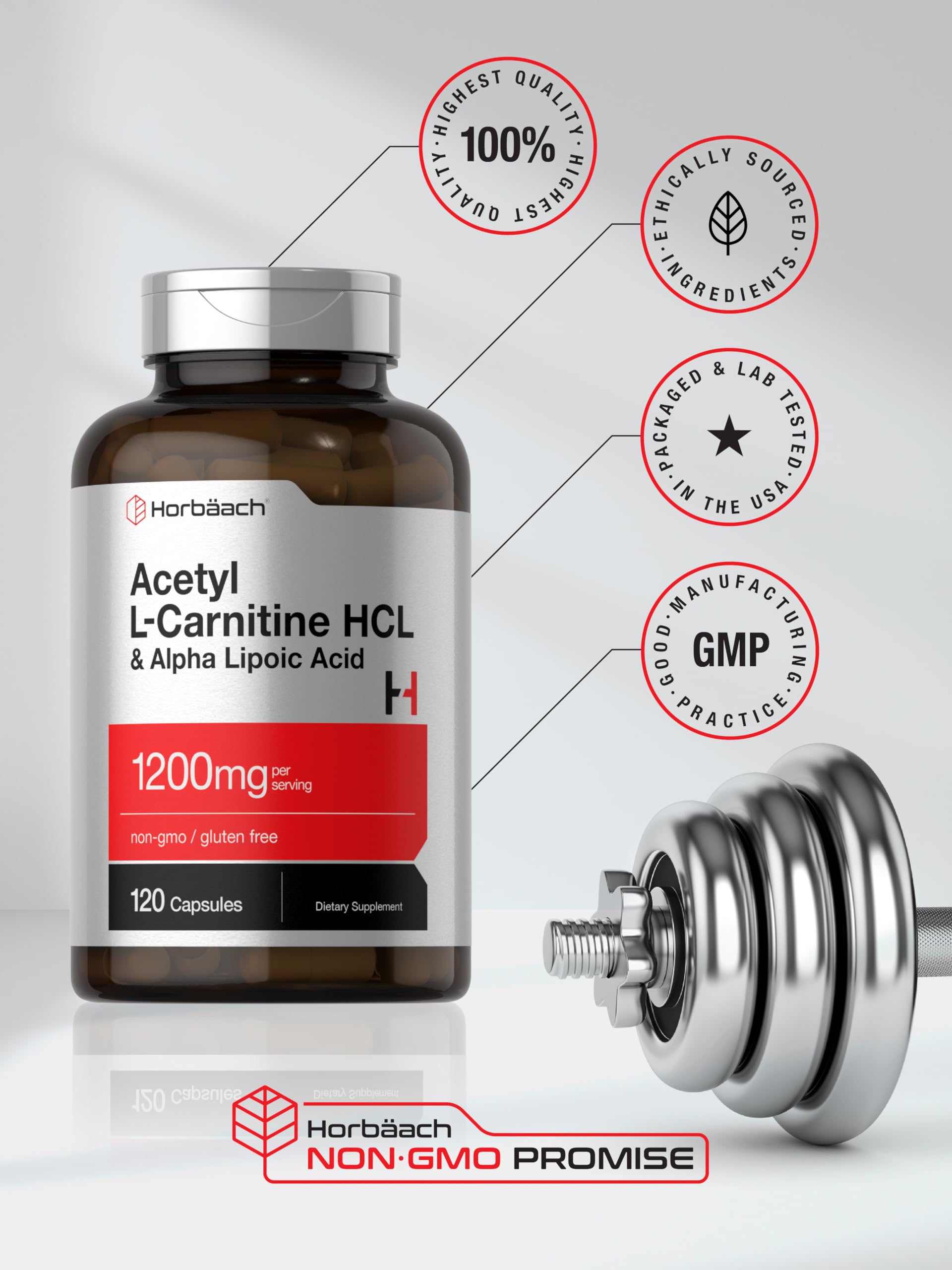Horbäach Acetyl L Carnitine HCL & Alpha Lipoic Acid 1200mg | 120 Capsules | ALC ALA Complex | Non-GMO & Gluten Free Supplement - Image 5