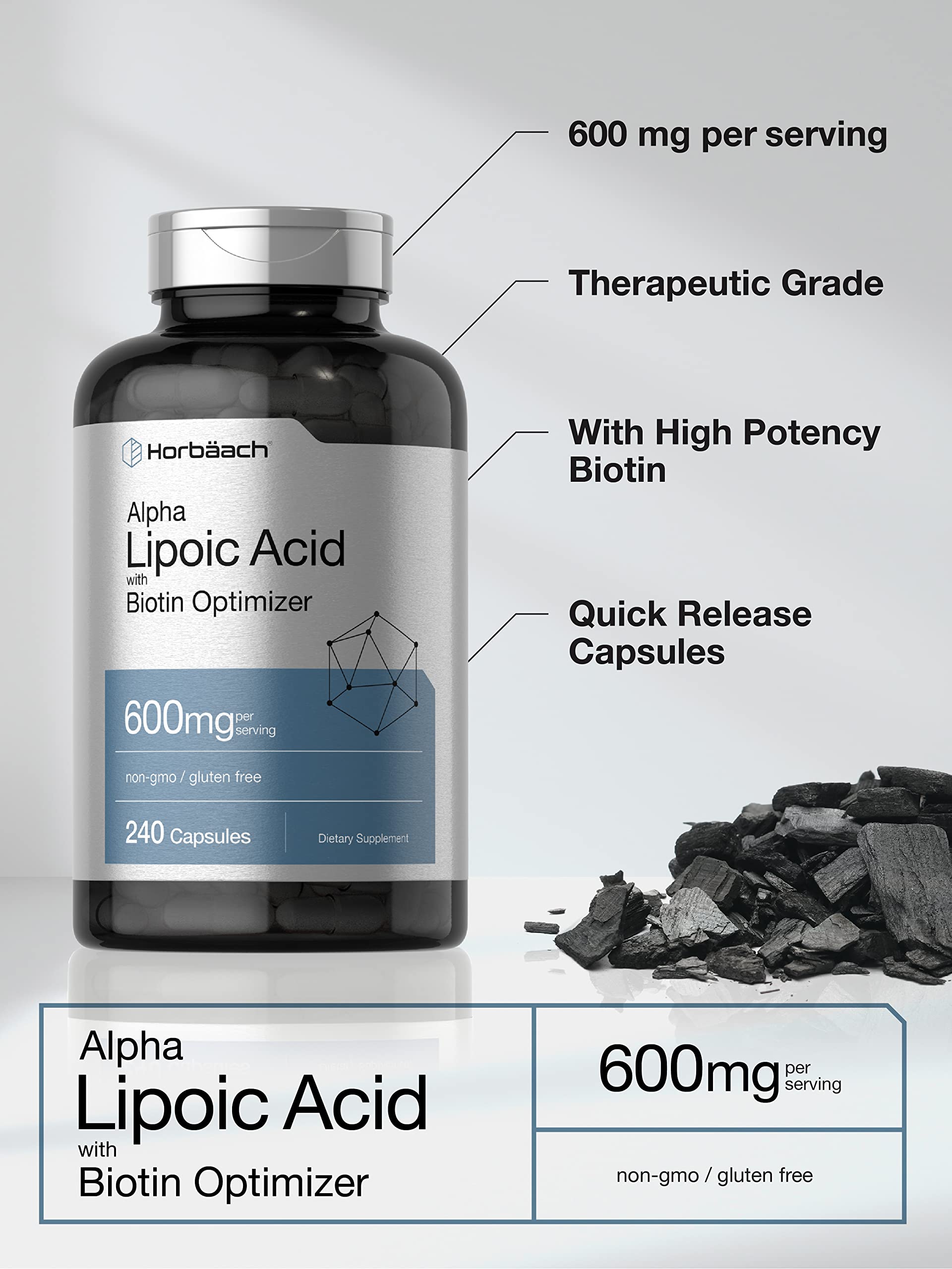 Horbäach Alpha Lipoic Acid 600mg | 240 Capsules | with Biotin Optimizer | Non-GMO and Gluten Free Supplement - Image 3