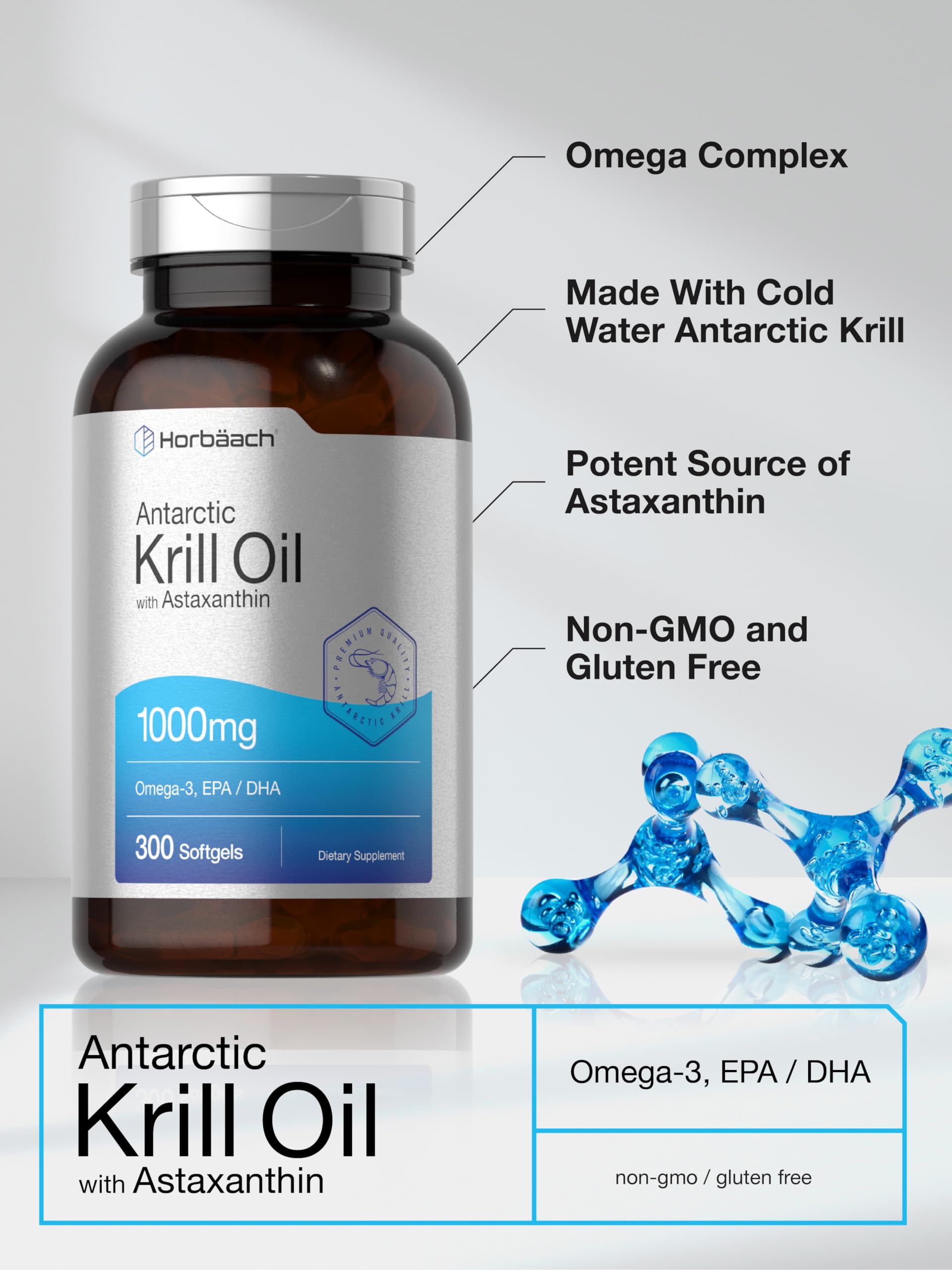 Horbäach Antarctic Krill Oil 1000mg Softgels | 300 Count | Omega 3 Supplements with Astaxanthin, EPA, DHA | Non-GMO, Gluten Free - Image 4