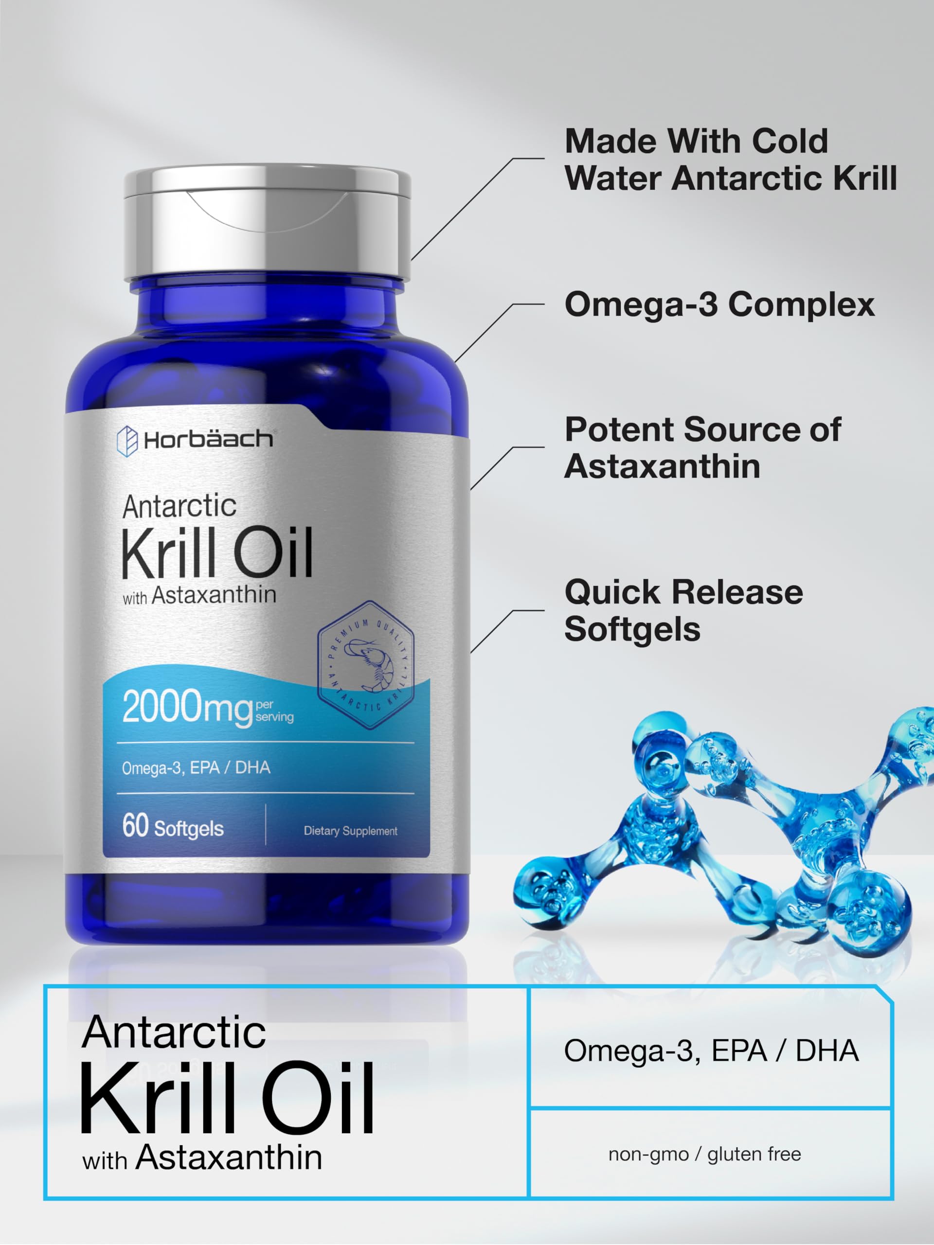 Horbäach Antarctic Krill Oil 2000mg | 60 Softgel Capsules | Omega-3, EPA, DHA Supplement | with Astaxanthin | Non-GMO, Gluten Free - Image 4