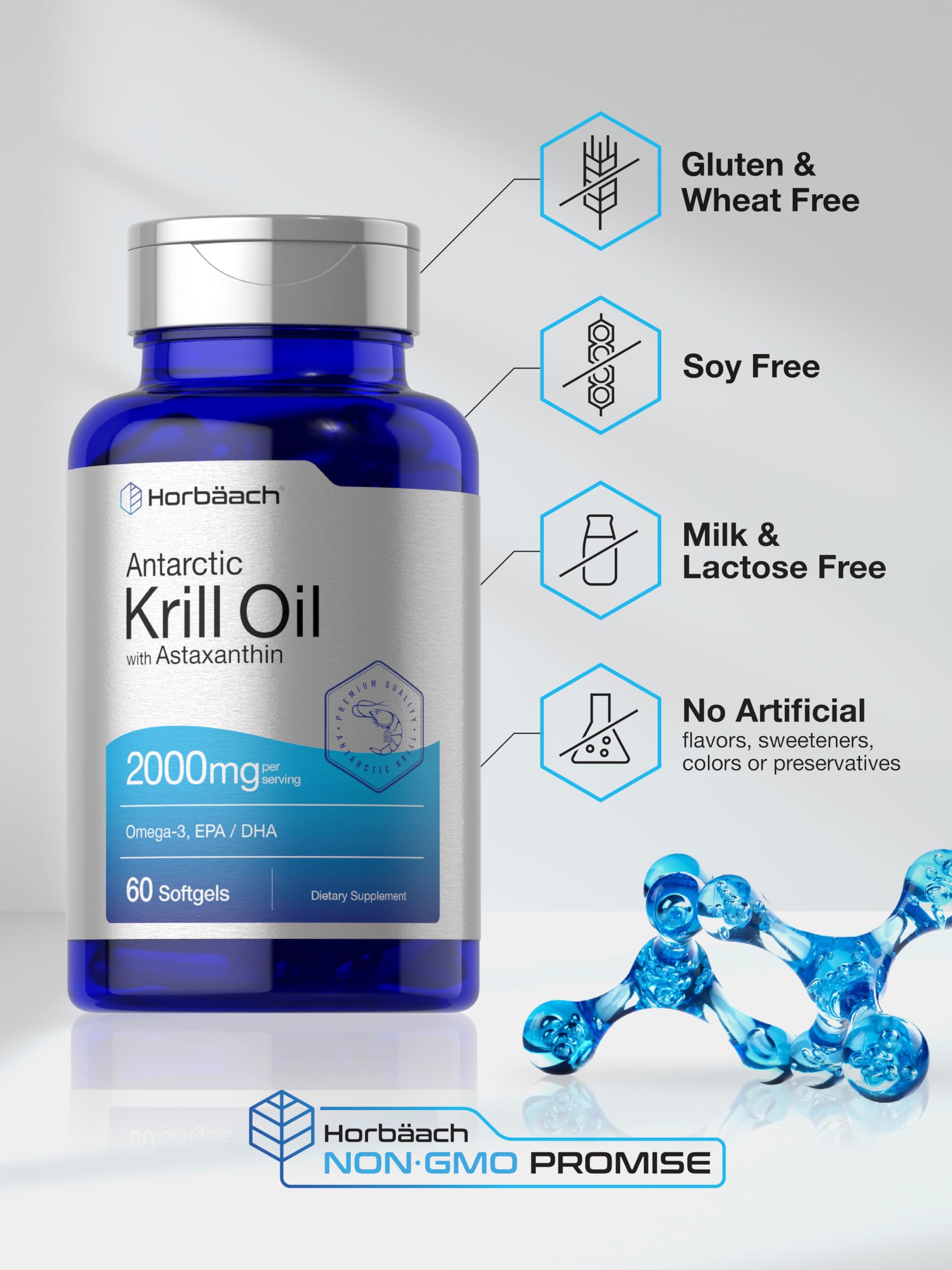 Horbäach Antarctic Krill Oil 2000mg | 60 Softgel Capsules | Omega-3, EPA, DHA Supplement | with Astaxanthin | Non-GMO, Gluten Free - Image 5