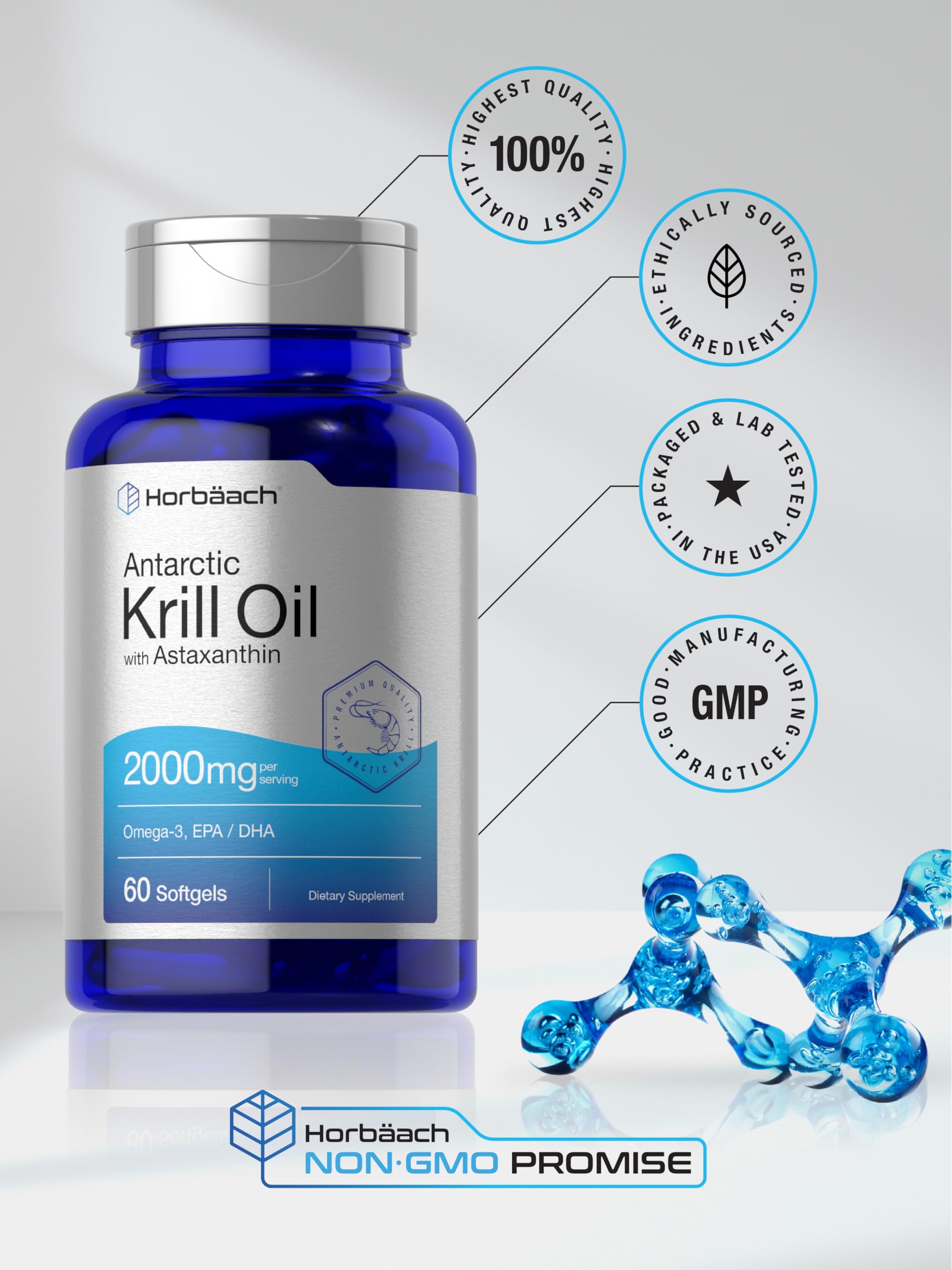 Horbäach Antarctic Krill Oil 2000mg | 60 Softgel Capsules | Omega-3, EPA, DHA Supplement | with Astaxanthin | Non-GMO, Gluten Free - Image 6