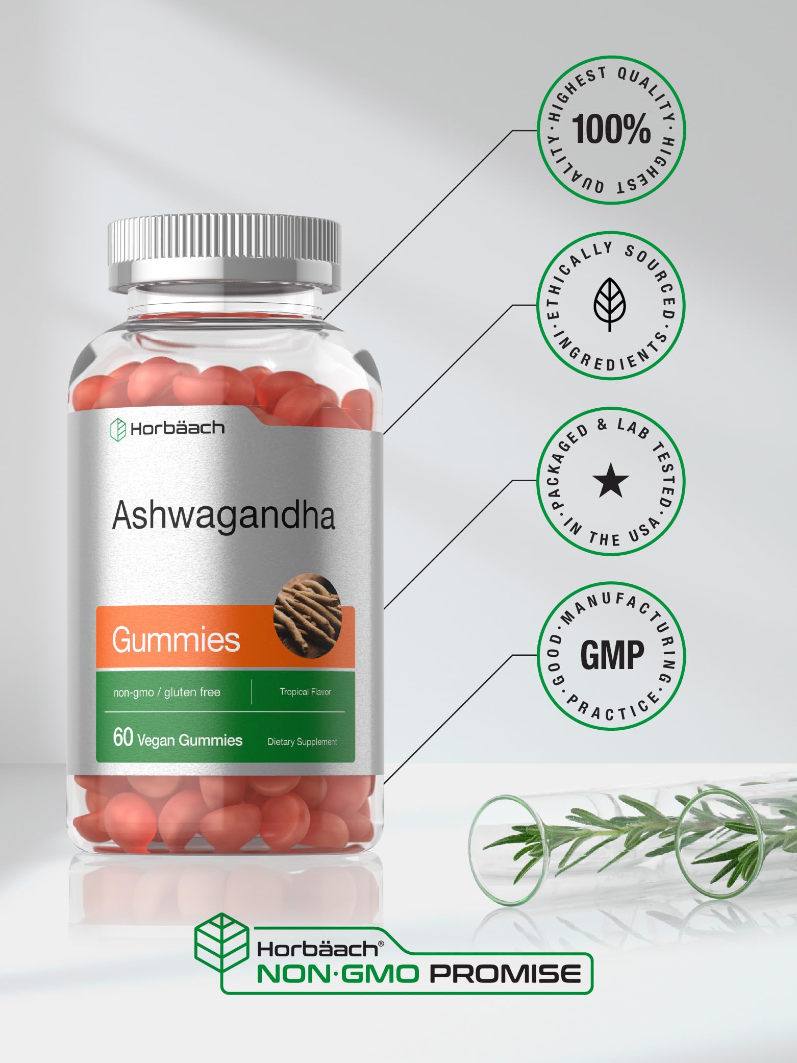 Horbäach Ashwagandha Gummies | 60 Vegan Chewable Gummies | Tropical Flavor | Supplement for Men and Women | Herb Root Extract | Vegan, Non-GMO, Gluten Free - Image 6