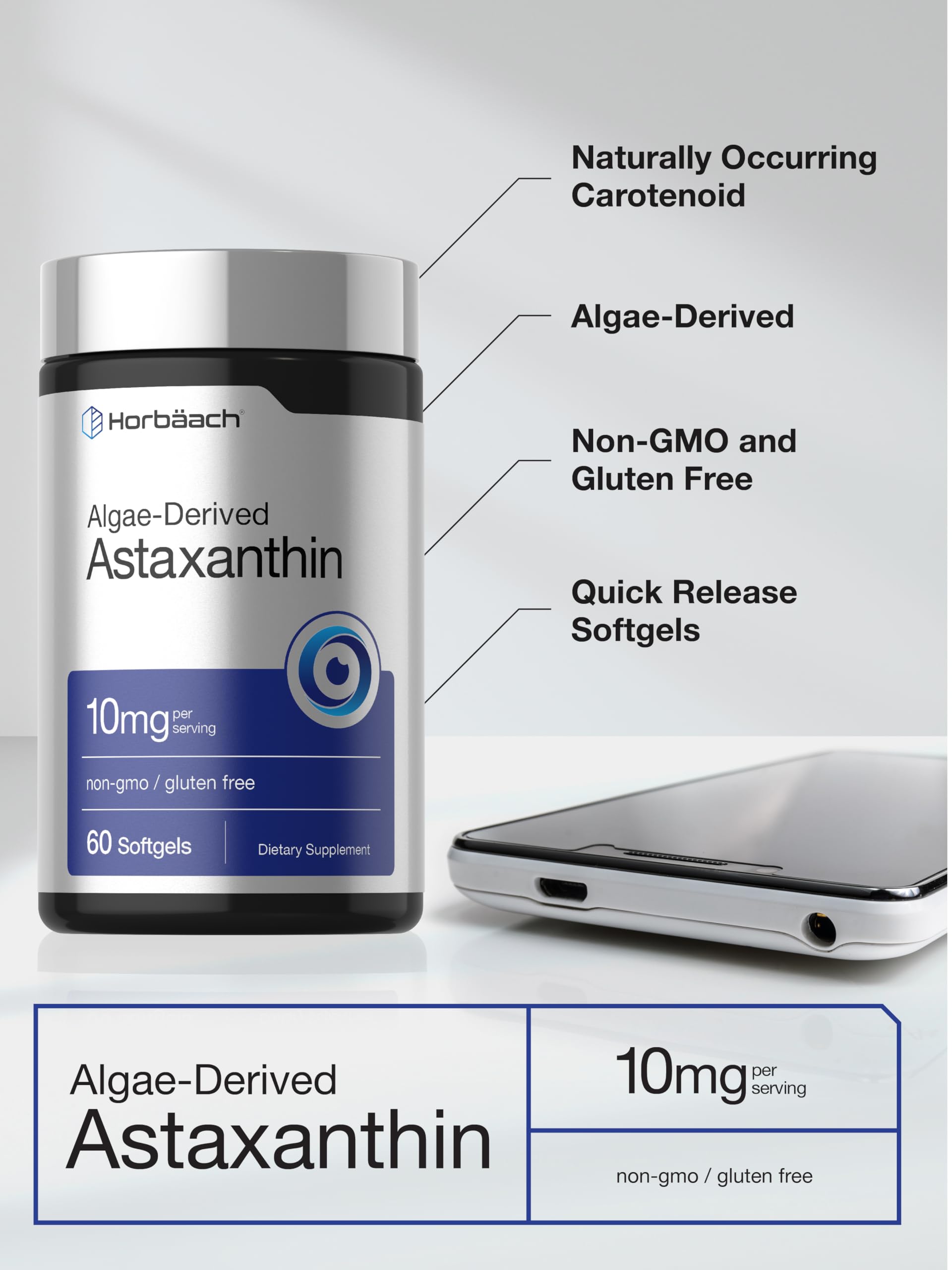 Horbäach Astaxanthin 10mg | 60 Softgels | Algae Derived Formula | Non-GMO, Gluten Free Supplement - Image 4