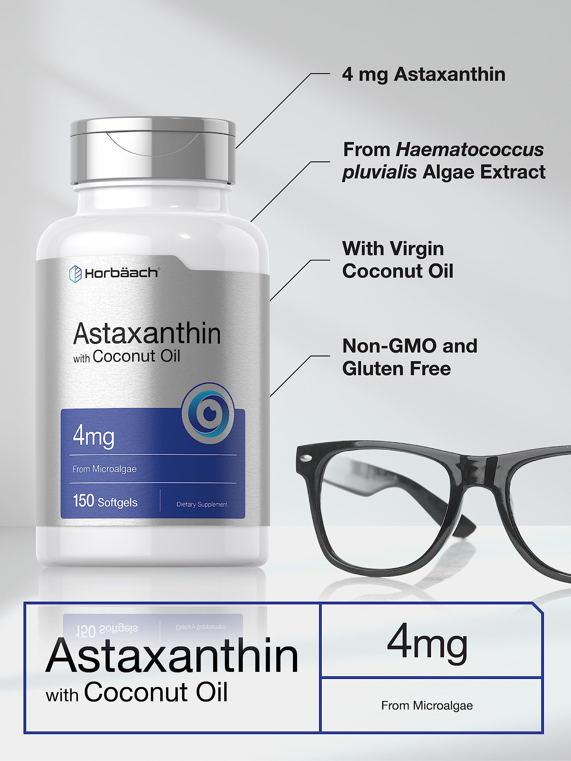Horbäach Astaxanthin 4mg | 150 Softgels | Supplement from Microalgae | with Coconut Oil | Non-GMO, Gluten, Soy Free - Image 3
