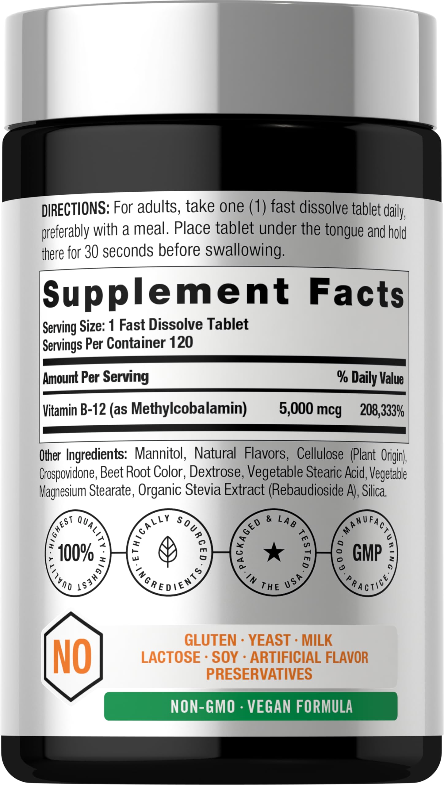 Horbäach B12 Vitamin 5000 mcg | 120 Fast Dissolve Tablets | Sublingual Methylcobalamin | Natural Berry Flavor | Vegan, Non-GMO & Gluten Free Supplement - Image 2