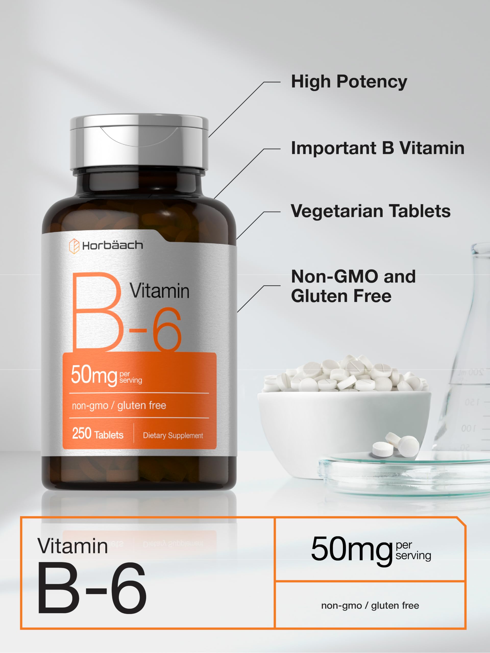 Horbäach B6 Vitamin 50mg | 250 Tablets | Non-GMO & Gluten Free Supplement - Image 4