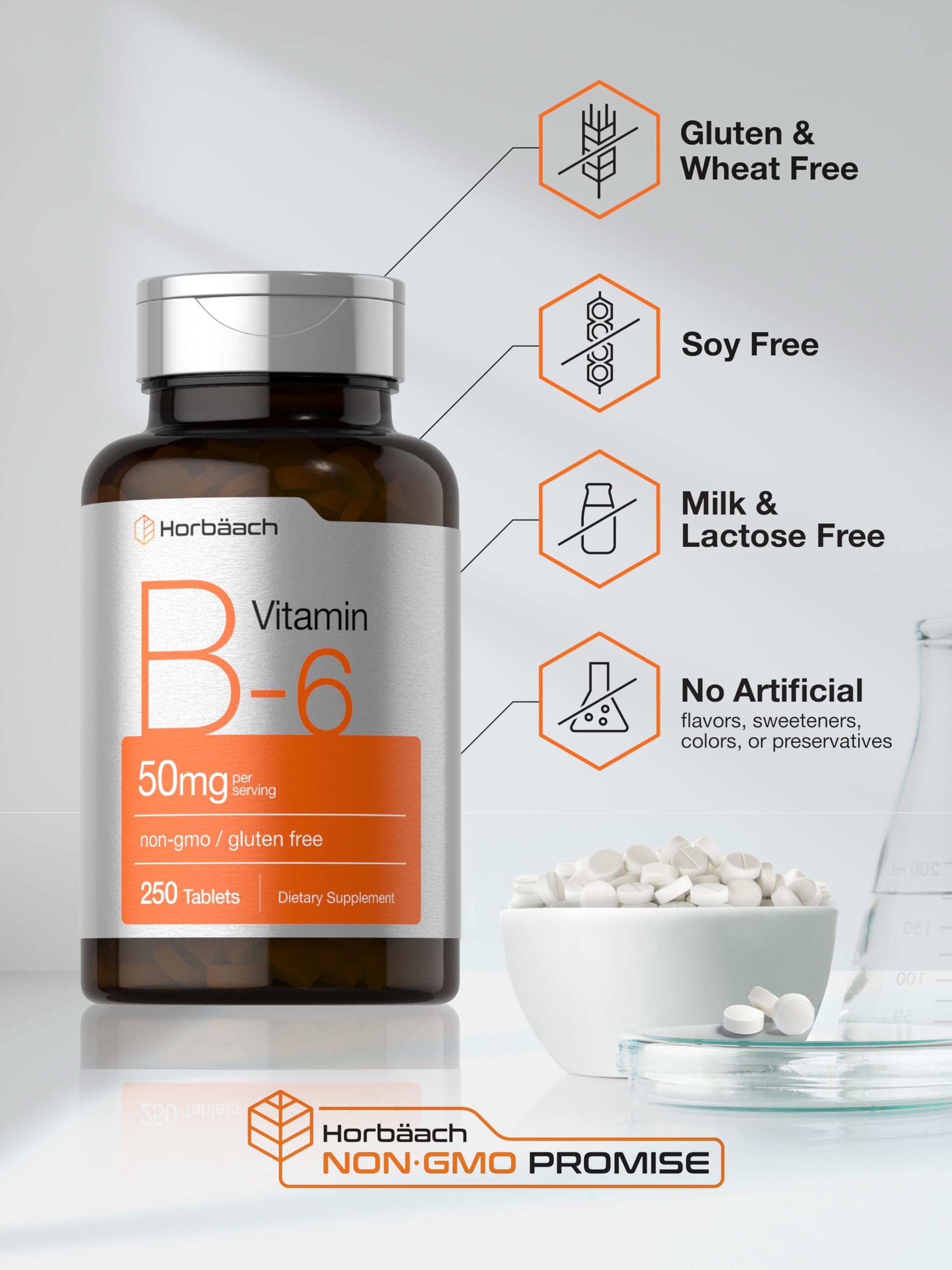 Horbäach B6 Vitamin 50mg | 250 Tablets | Non-GMO & Gluten Free Supplement - Image 5