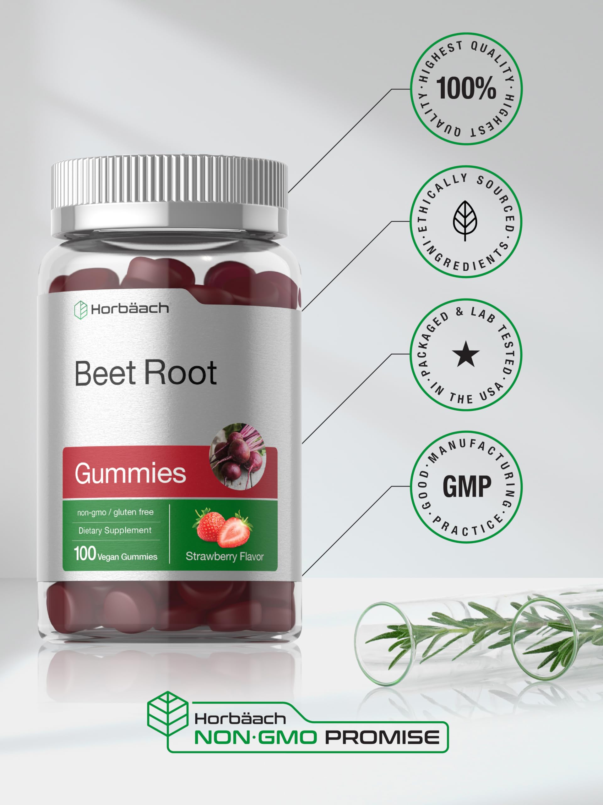 Horbäach Beet Root Gummies | Advanced Formula | 100 Count | Vegan, Non-GMO & Gluten Free | Strawberry Flavor - Image 6