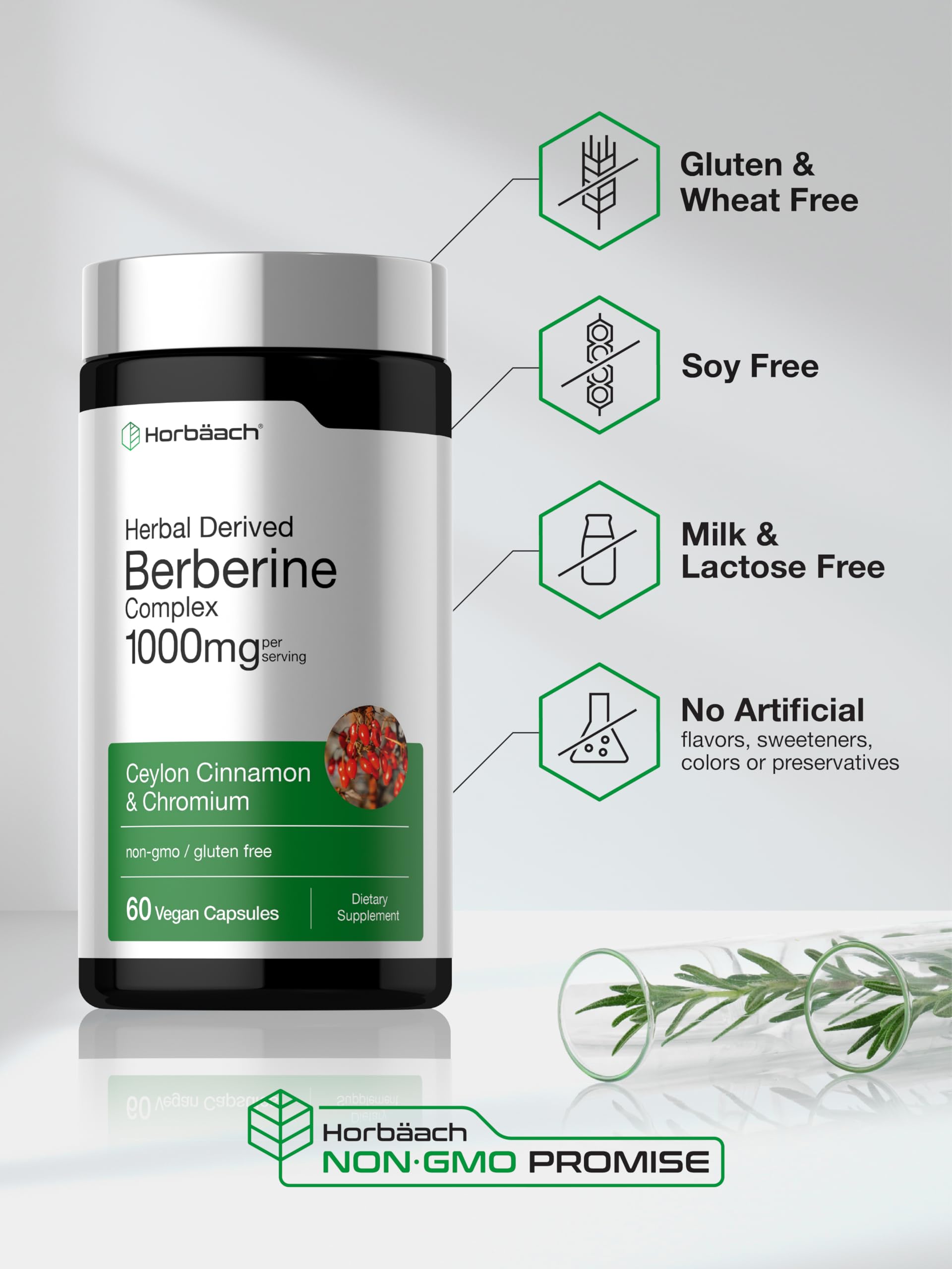Horbäach Berberine Complex Supplement | 60 Vegan Capsules | with Ceylon Cinnamon & Chromium | Naturally Derived | Non-GMO, Gluten Free Formula - Image 5