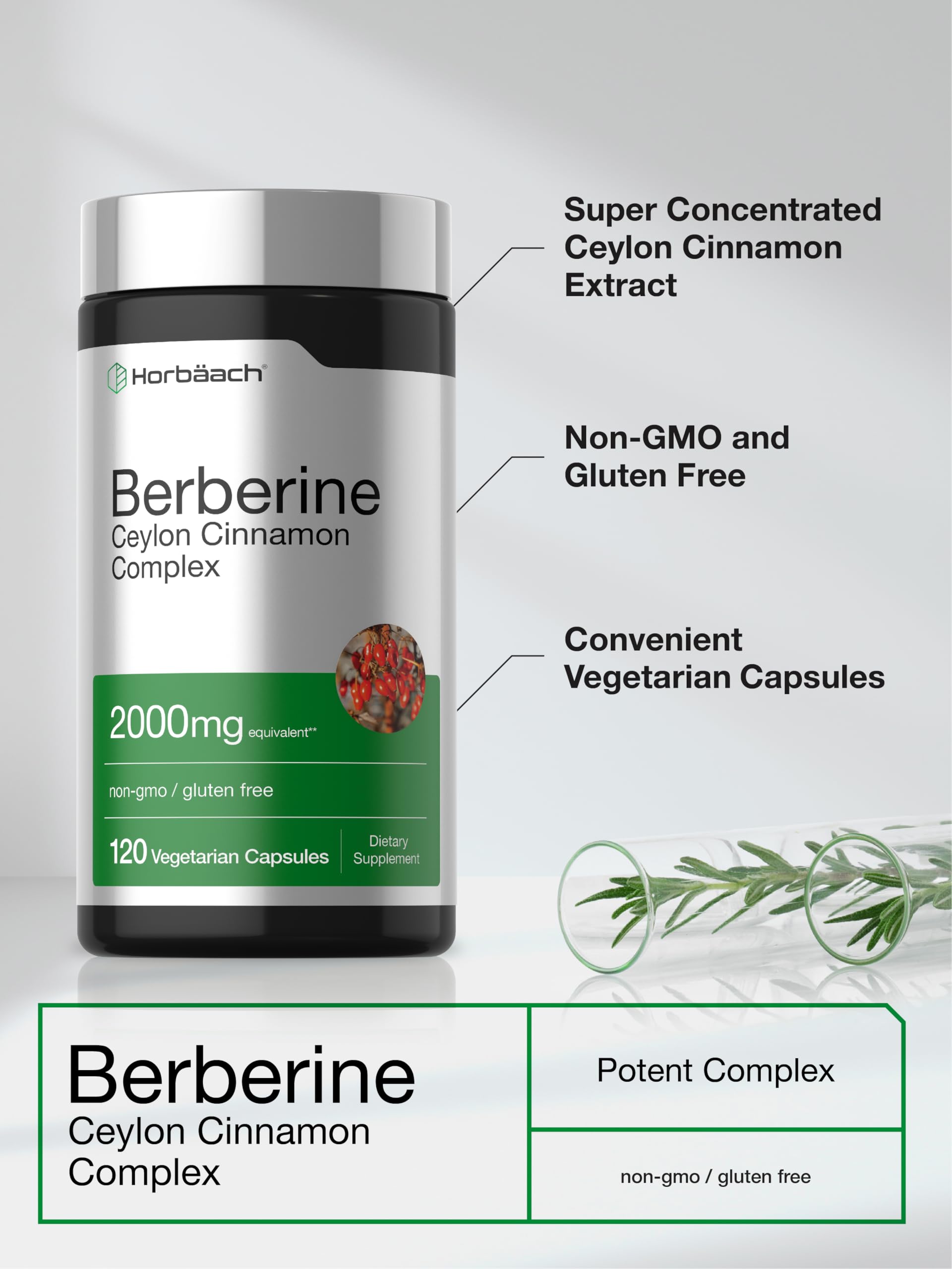 Horbäach Berberine with Ceylon Cinnamon | 120 Veggie Capsules | Vegetarian, Non-GMO & Gluten Free Supplement | Berberine Complex - Image 4