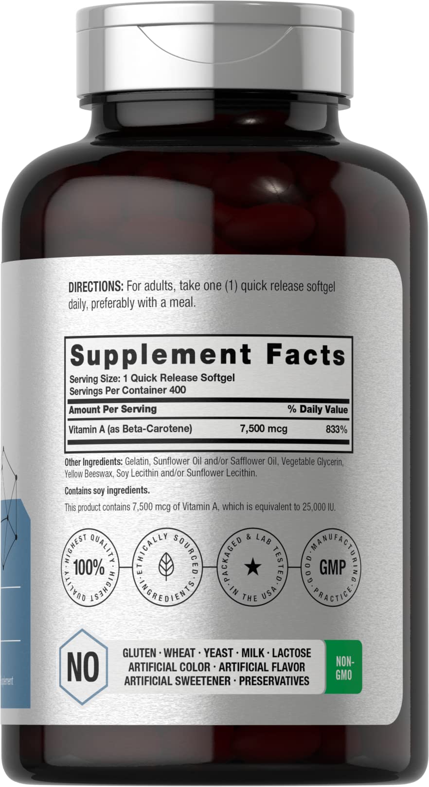 Horbäach Beta Carotene Supplement | 25000 IU Softgels | 7,500 mcg | Vitamin A | 400 Count | Non-GMO and Gluten Free Formula - Image 2