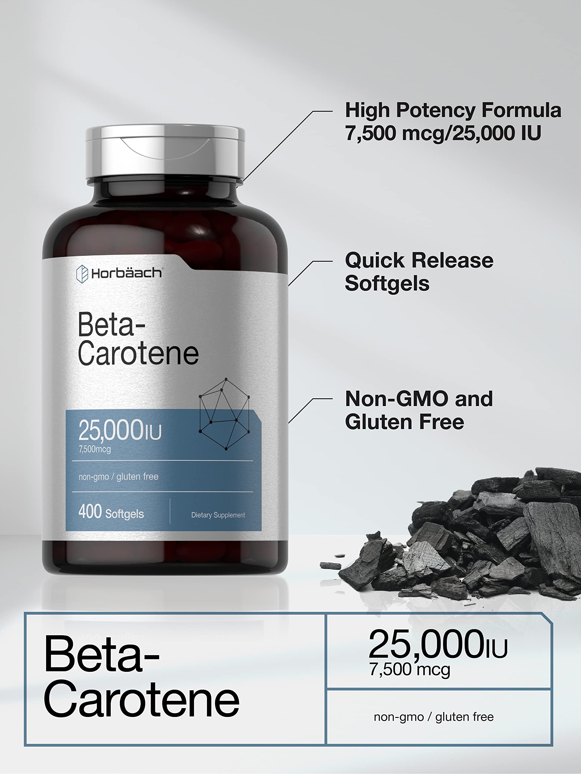 Horbäach Beta Carotene Supplement | 25000 IU Softgels | 7,500 mcg | Vitamin A | 400 Count | Non-GMO and Gluten Free Formula - Image 3