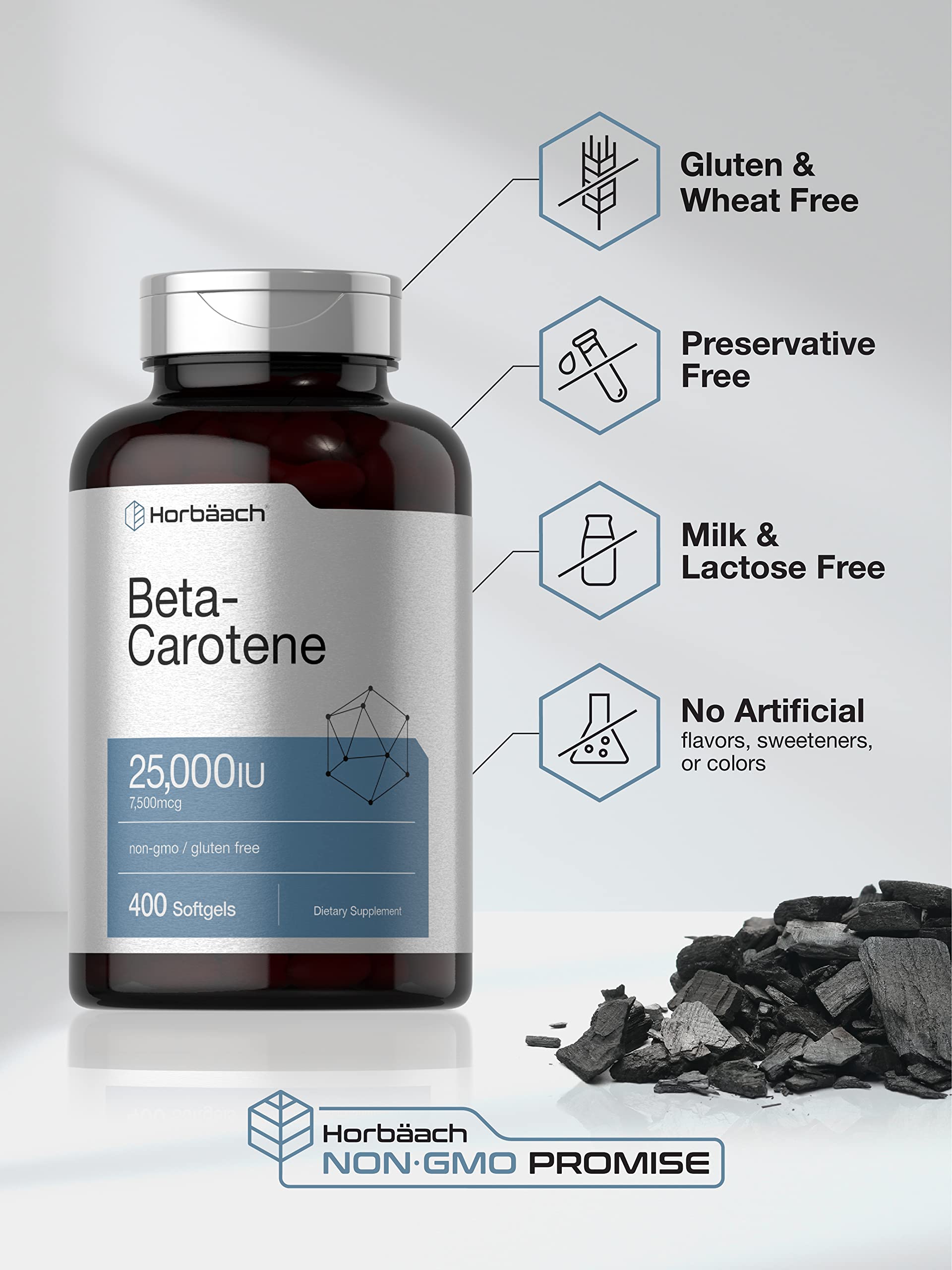 Horbäach Beta Carotene Supplement | 25000 IU Softgels | 7,500 mcg | Vitamin A | 400 Count | Non-GMO and Gluten Free Formula - Image 4