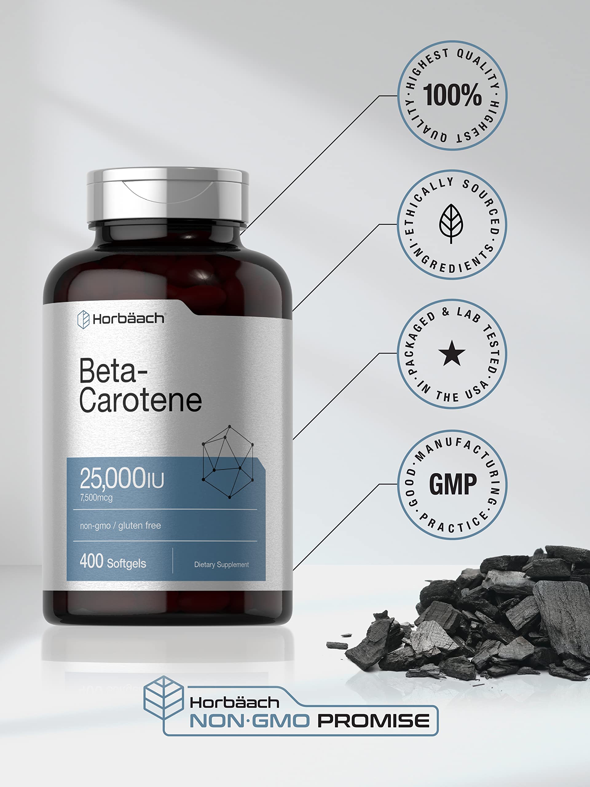 Horbäach Beta Carotene Supplement | 25000 IU Softgels | 7,500 mcg | Vitamin A | 400 Count | Non-GMO and Gluten Free Formula - Image 5