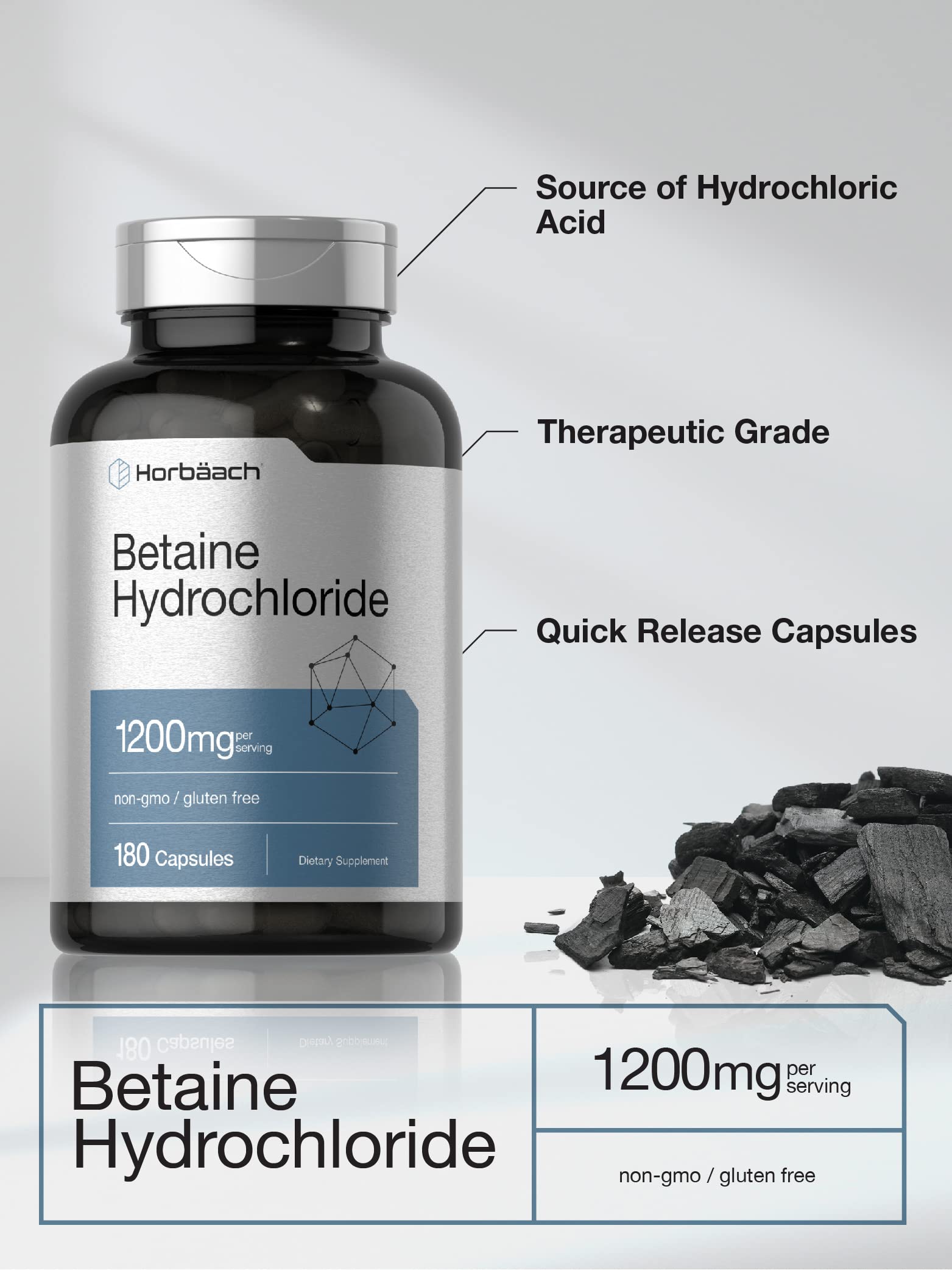Horbäach Betaine HCl 1200mg | 180 Capsules | Betaine Hydrochloride Supplement | Non-GMO, Gluten Free - Image 3