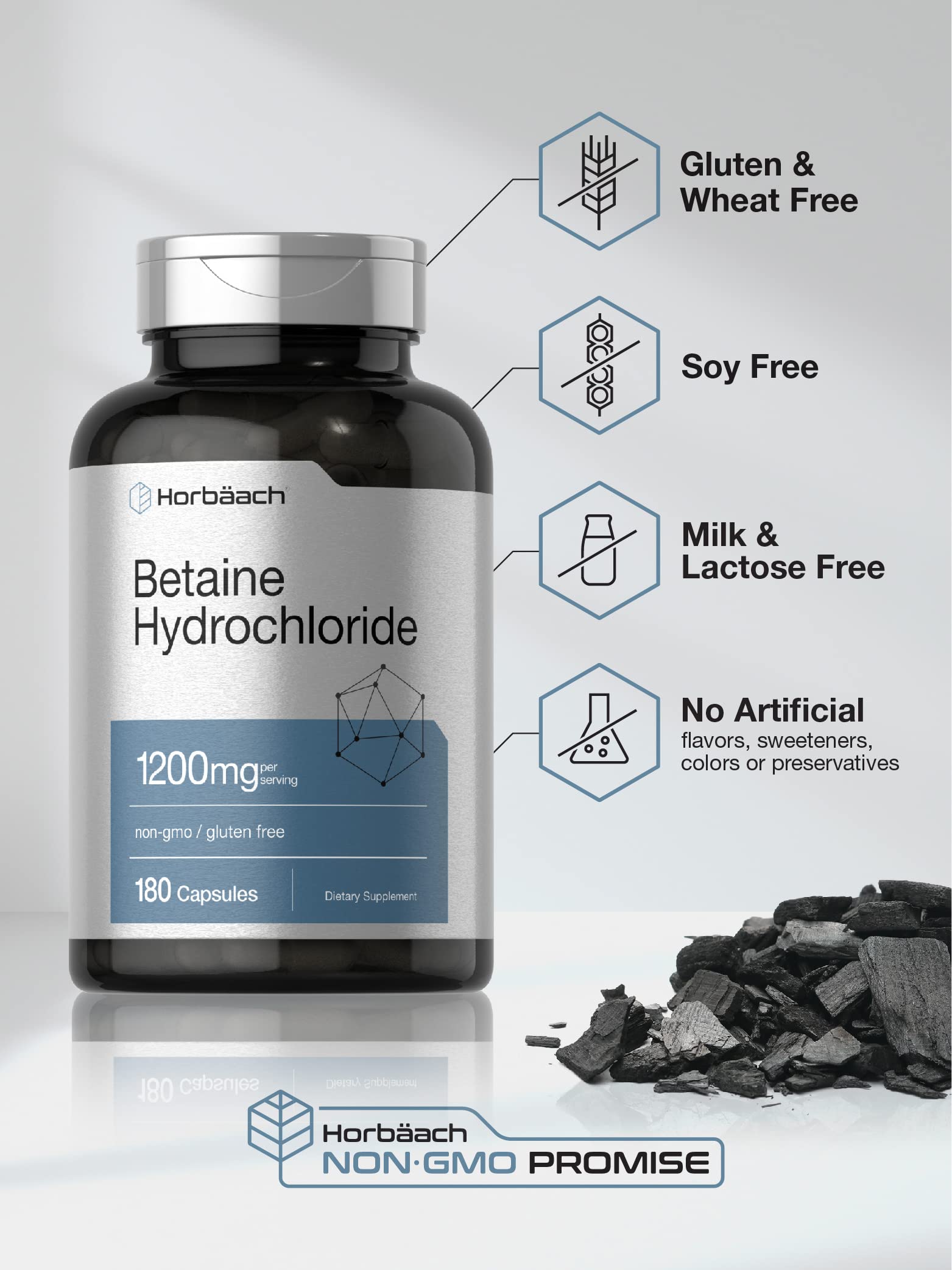 Horbäach Betaine HCl 1200mg | 180 Capsules | Betaine Hydrochloride Supplement | Non-GMO, Gluten Free - Image 4