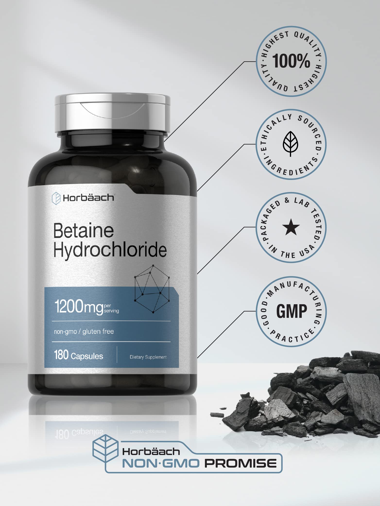 Horbäach Betaine HCl 1200mg | 180 Capsules | Betaine Hydrochloride Supplement | Non-GMO, Gluten Free - Image 5