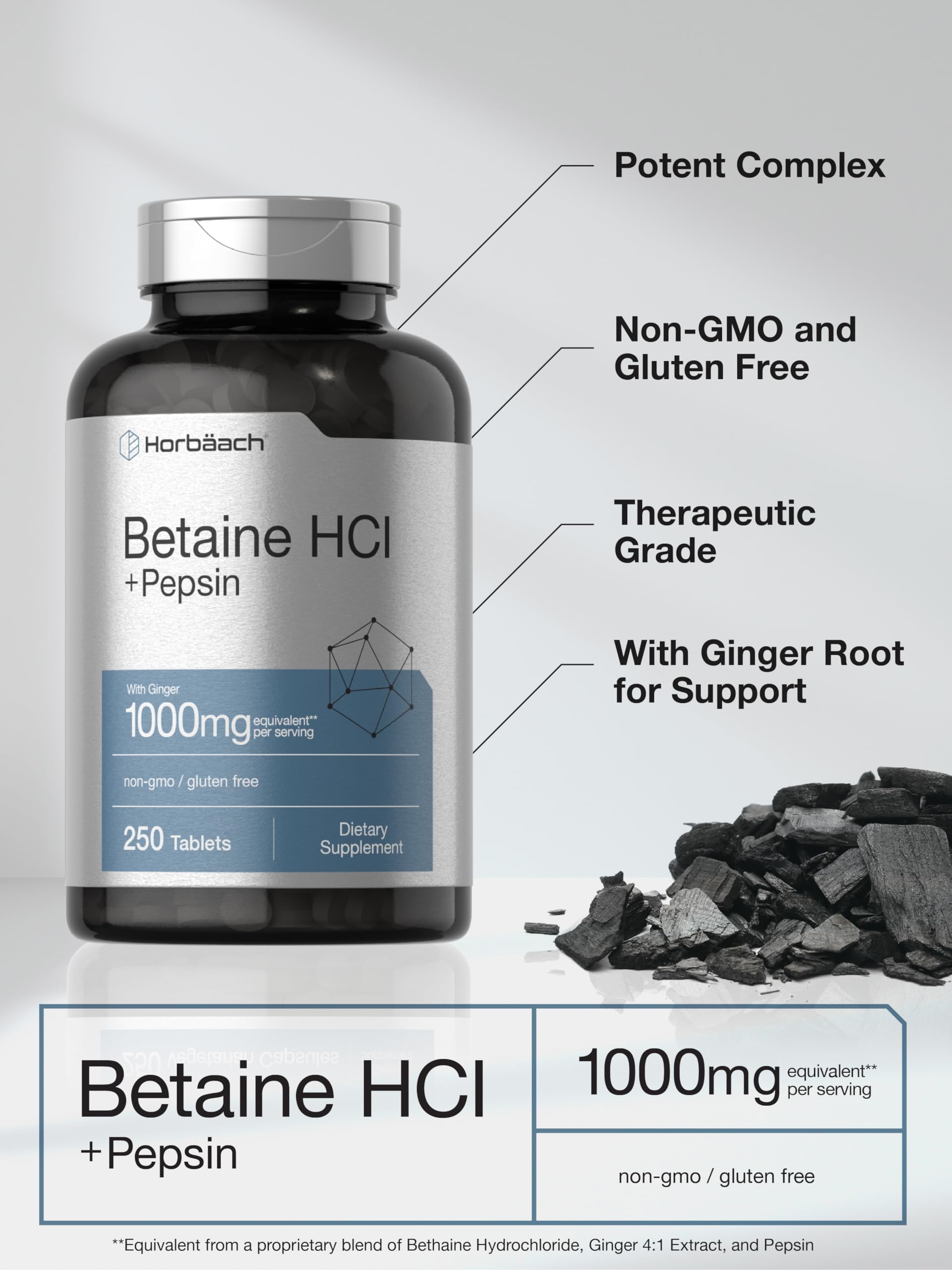 Horbäach Betaine HCl with Pepsin | 250 Tablets | Hydrochloride Supplement | with Ginger Root | Non-GMO, Gluten Free - Image 4