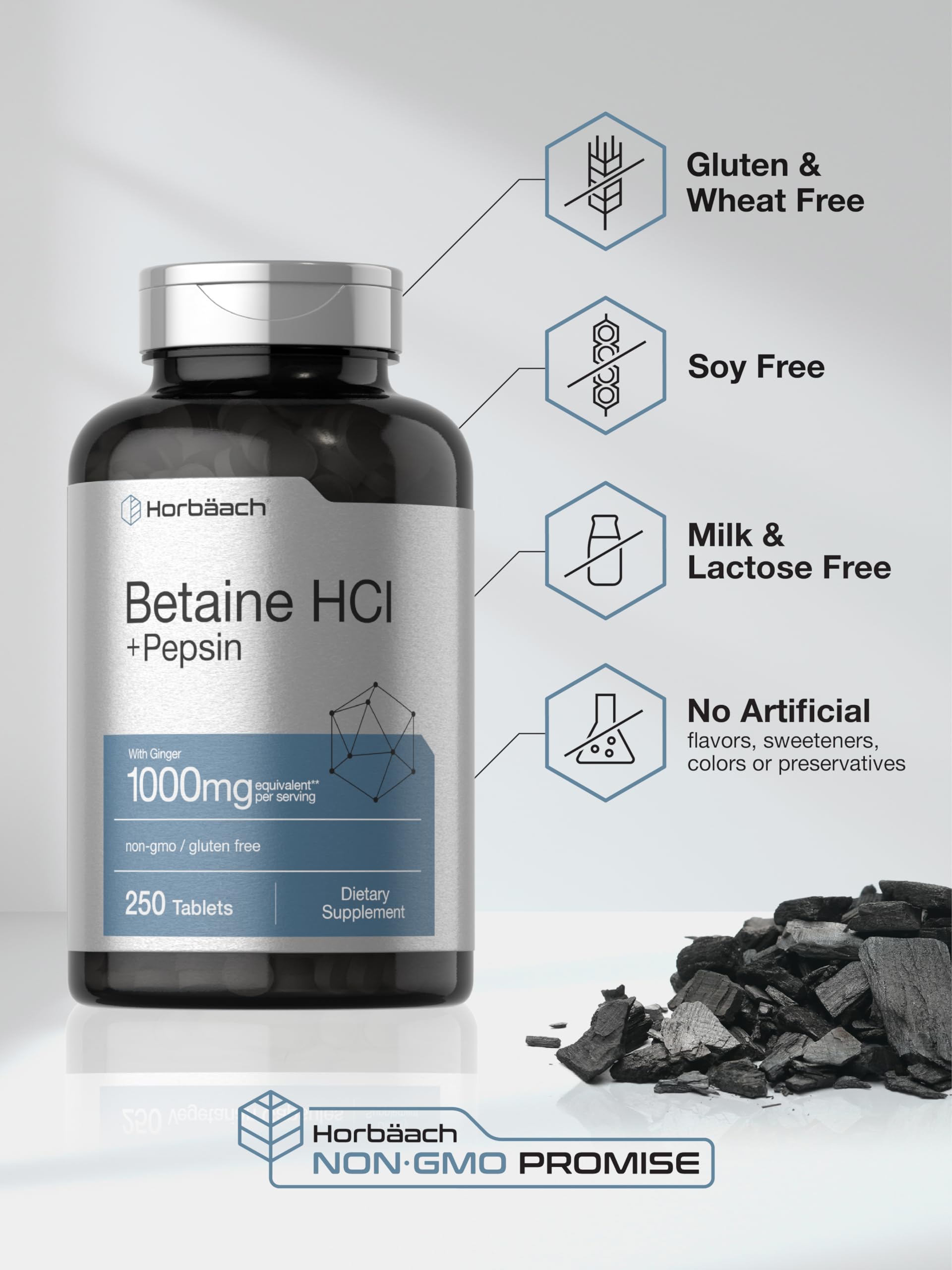 Horbäach Betaine HCl with Pepsin | 250 Tablets | Hydrochloride Supplement | with Ginger Root | Non-GMO, Gluten Free - Image 5