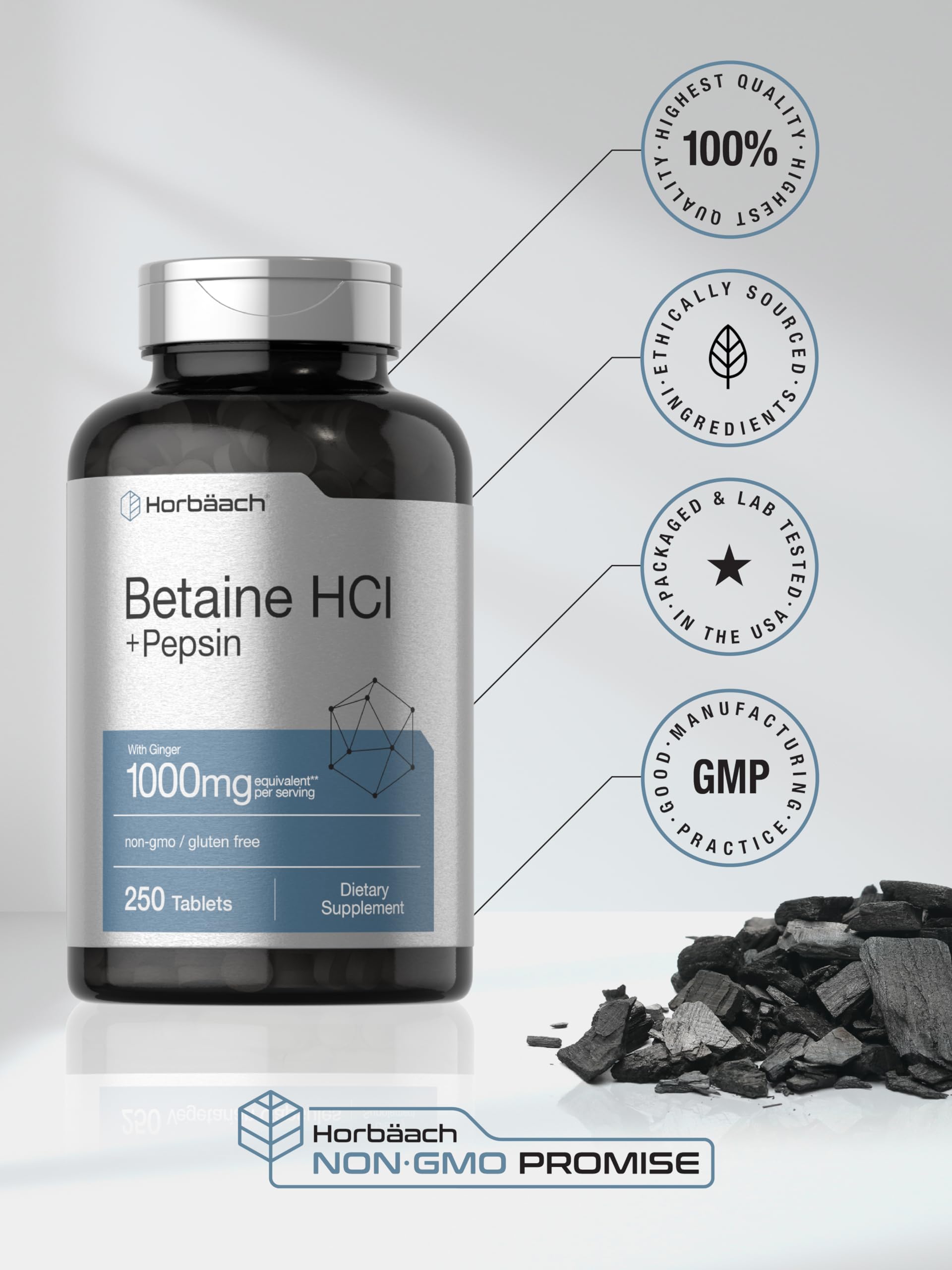 Horbäach Betaine HCl with Pepsin | 250 Tablets | Hydrochloride Supplement | with Ginger Root | Non-GMO, Gluten Free - Image 6