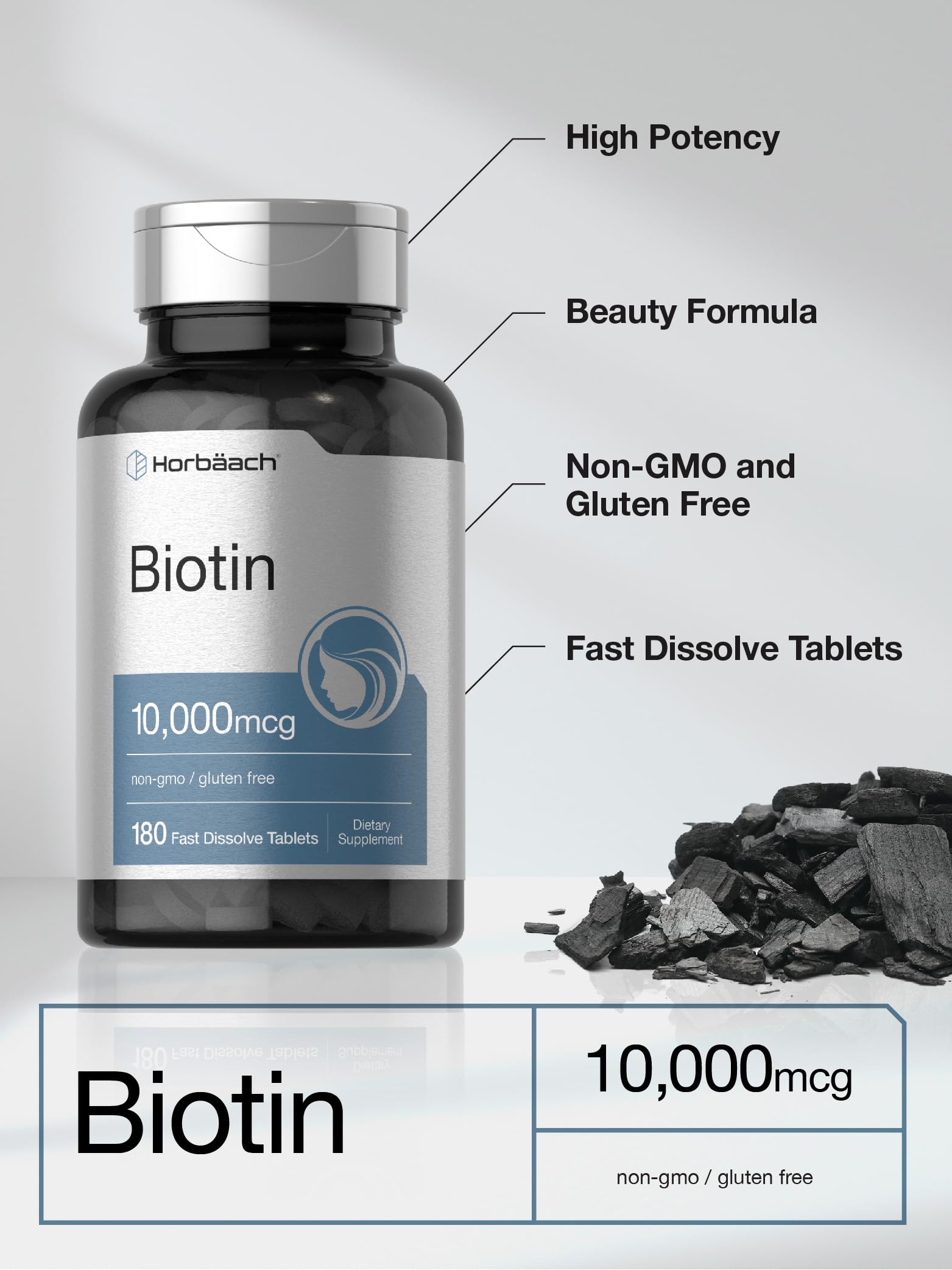Horbäach Biotin 10000mcg | 180 Fast Dissolve Tablets | for Women & Men | Beauty Supplement | Vegetarian, Non-GMO, Gluten Free - Image 3