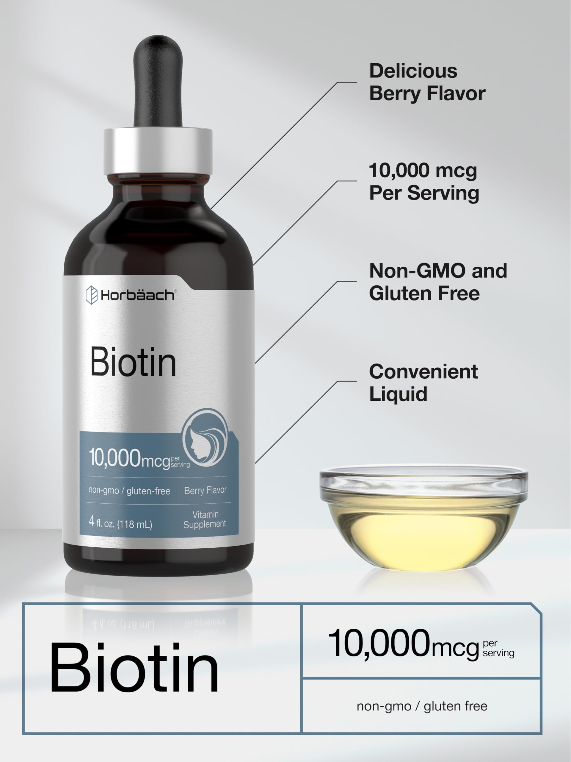 Horbäach Biotin Liquid Drops 10000mcg | 4 fl oz | Berry Flavor | Vegetarian, Non-GMO & Gluten Free Supplement - Image 4