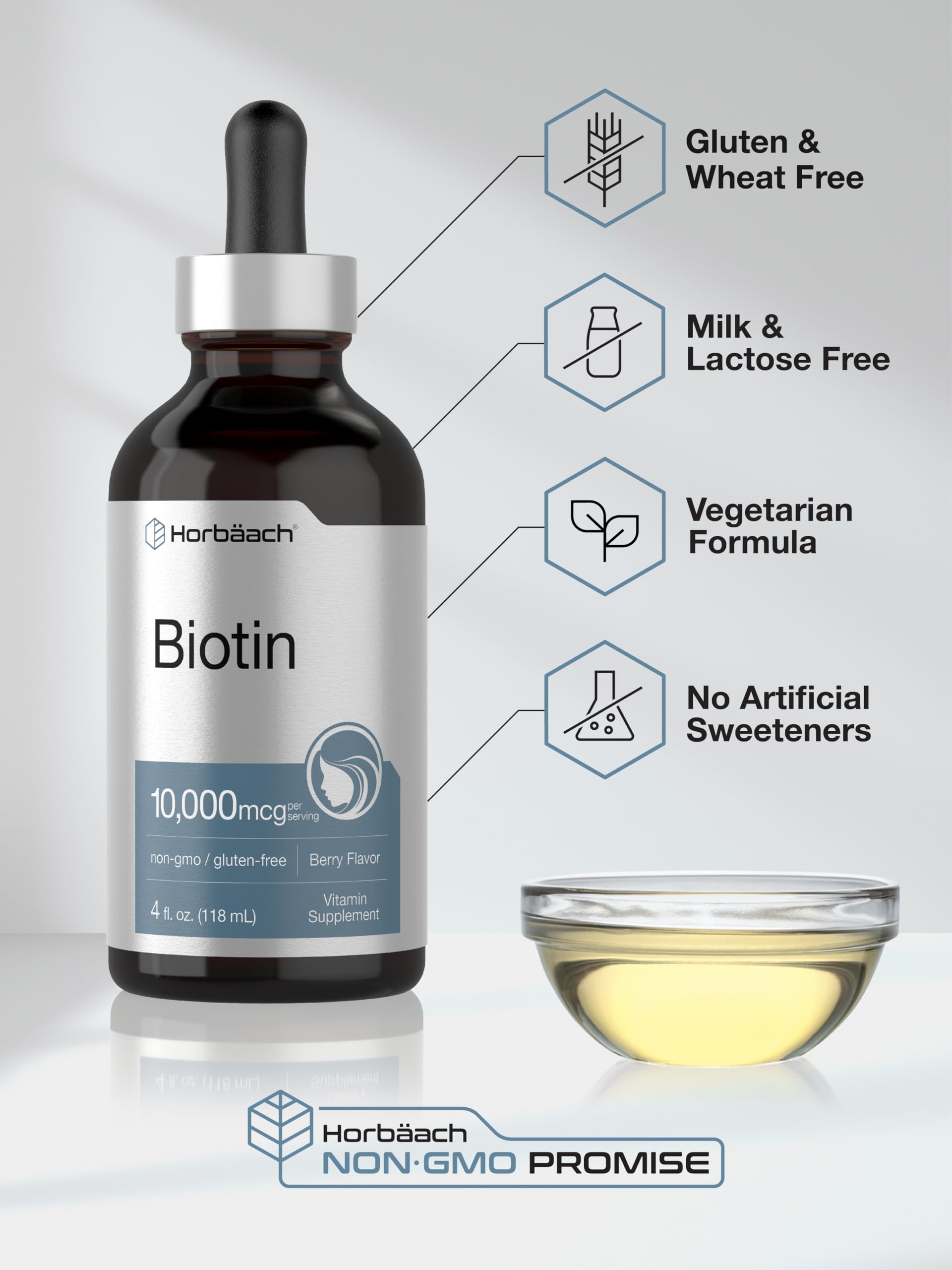 Horbäach Biotin Liquid Drops 10000mcg | 4 fl oz | Berry Flavor | Vegetarian, Non-GMO & Gluten Free Supplement - Image 5