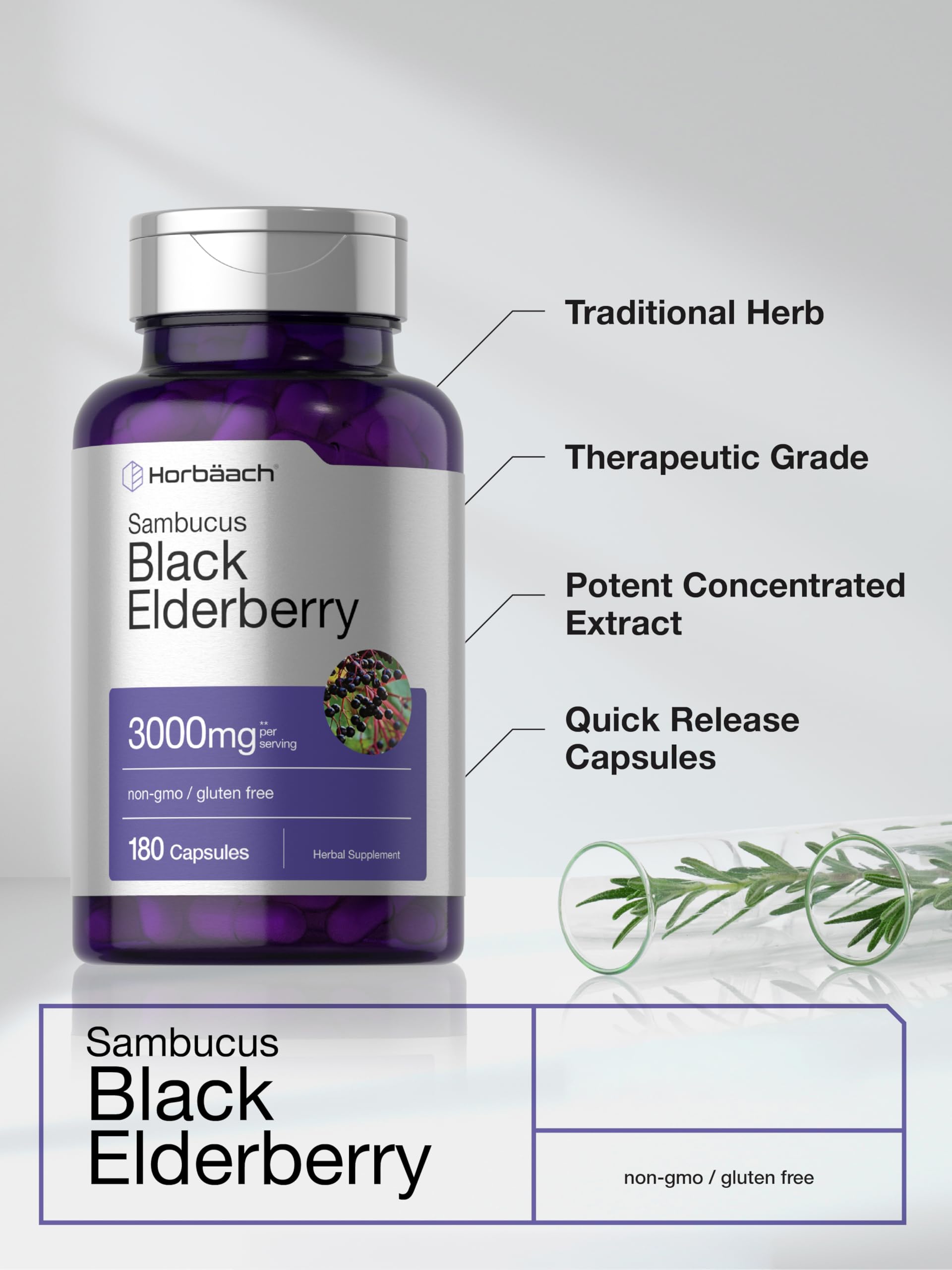 Horbäach Black Elderberry | 180 Count | Non-GMO, Gluten Free | Sambucus Extract Supplement - Image 3