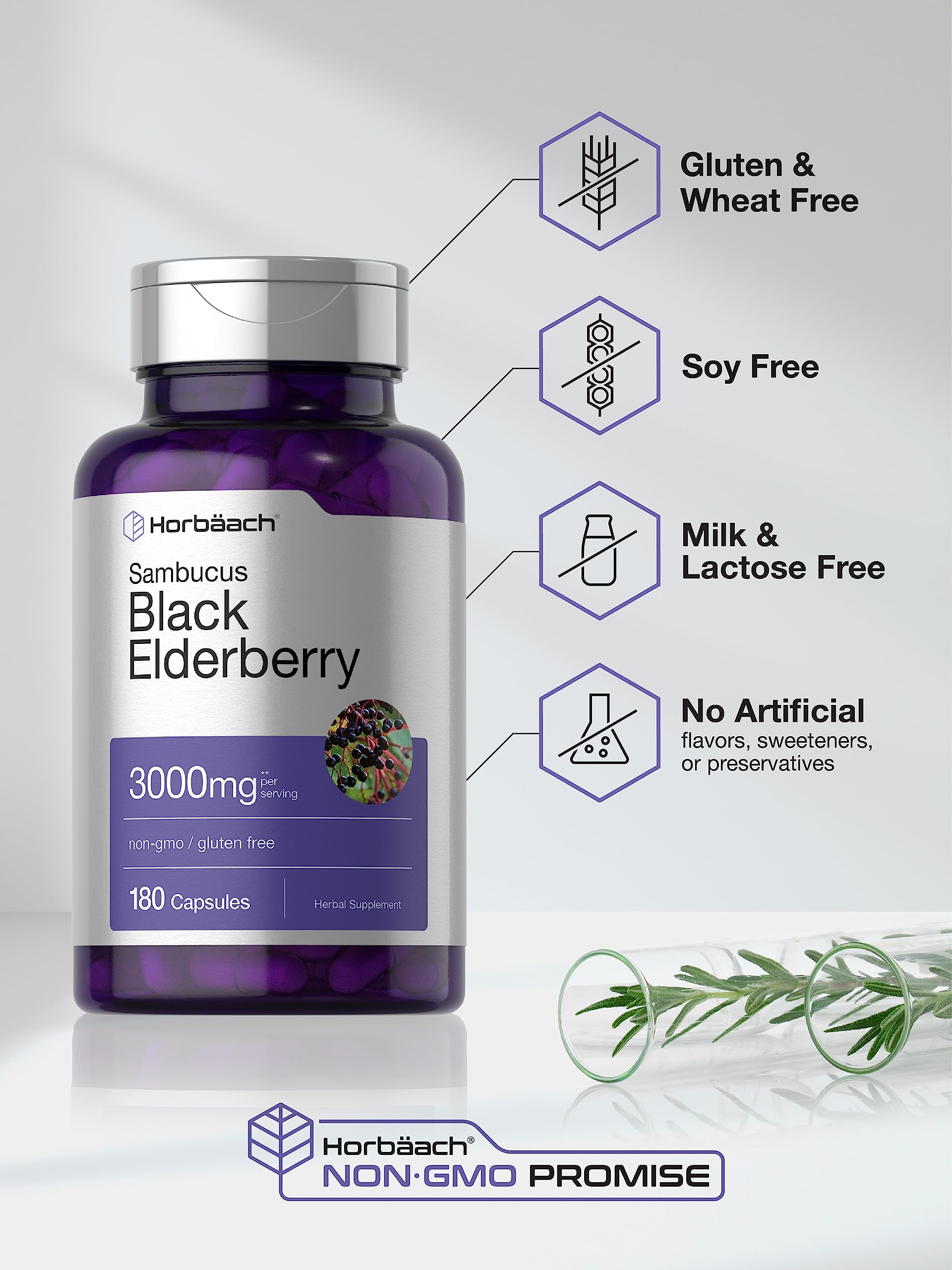 Horbäach Black Elderberry | 180 Count | Non-GMO, Gluten Free | Sambucus Extract Supplement - Image 4