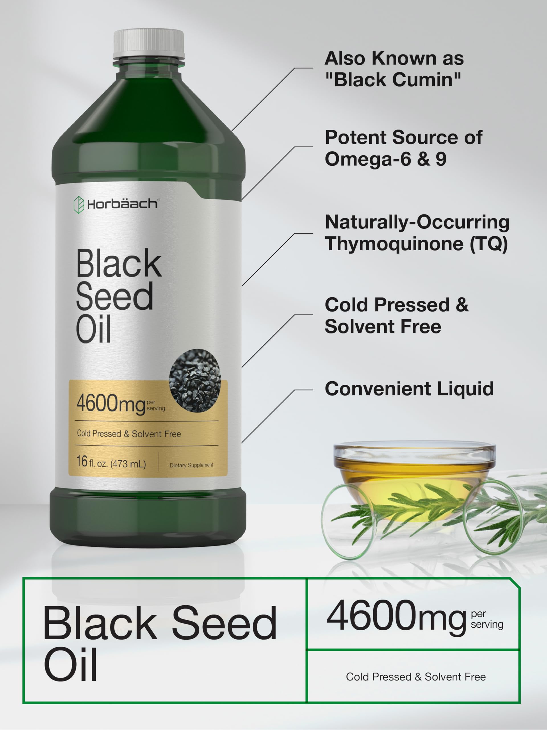 Horbäach Black Seed Oil Liquid | 16oz | 4600mg | Cold Pressed Nigella Sativa Supplement | with Omega 6 & 9 | Vegetarian, Non-GMO, Gluten Free, and Solvent Free Formula - Image 4