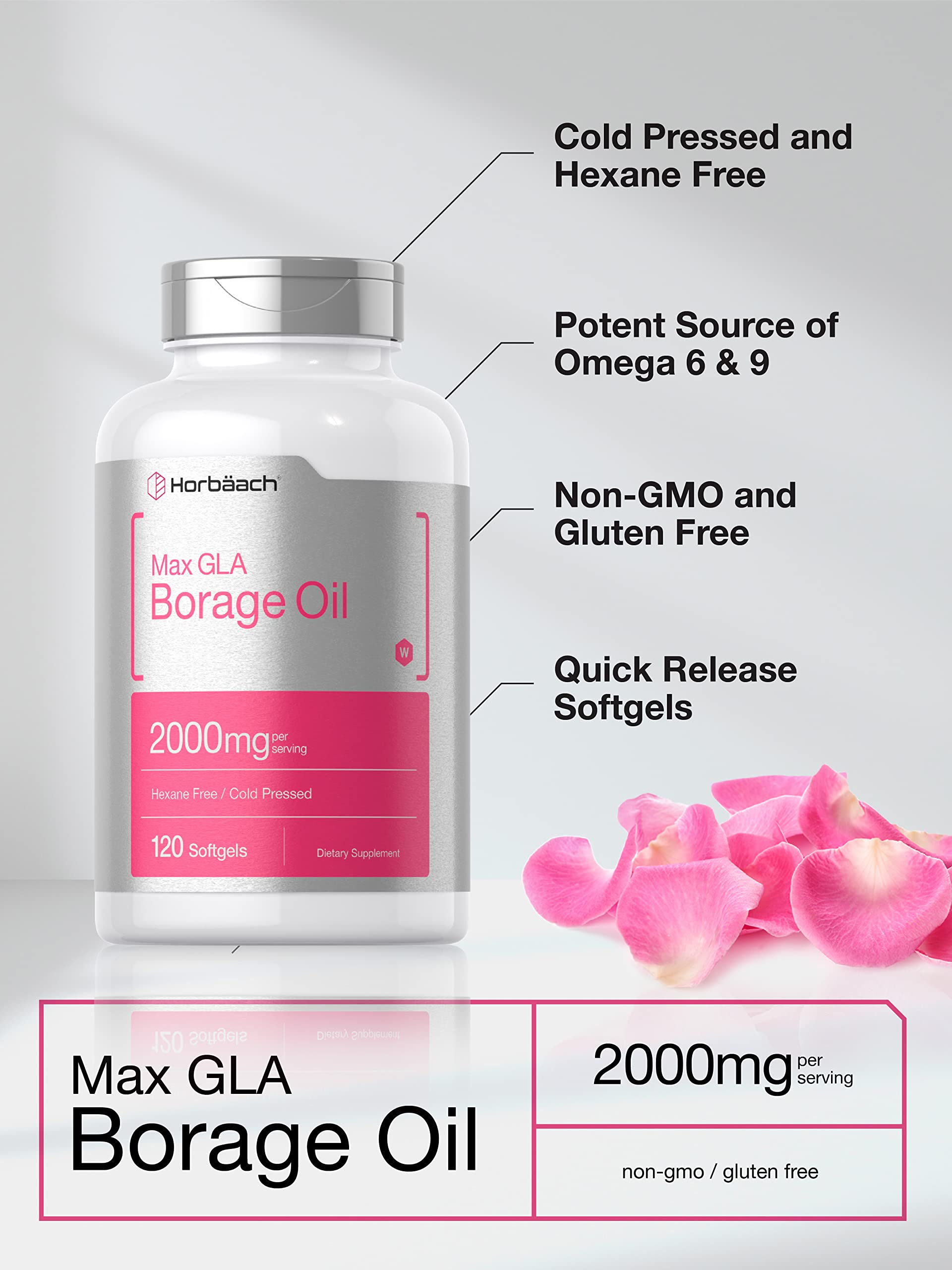 Horbäach Borage Oil Capsules 2000 mg | 120 Softgels | 320mg of GLA | Cold Pressed Seed Oil Supplement - Image 3