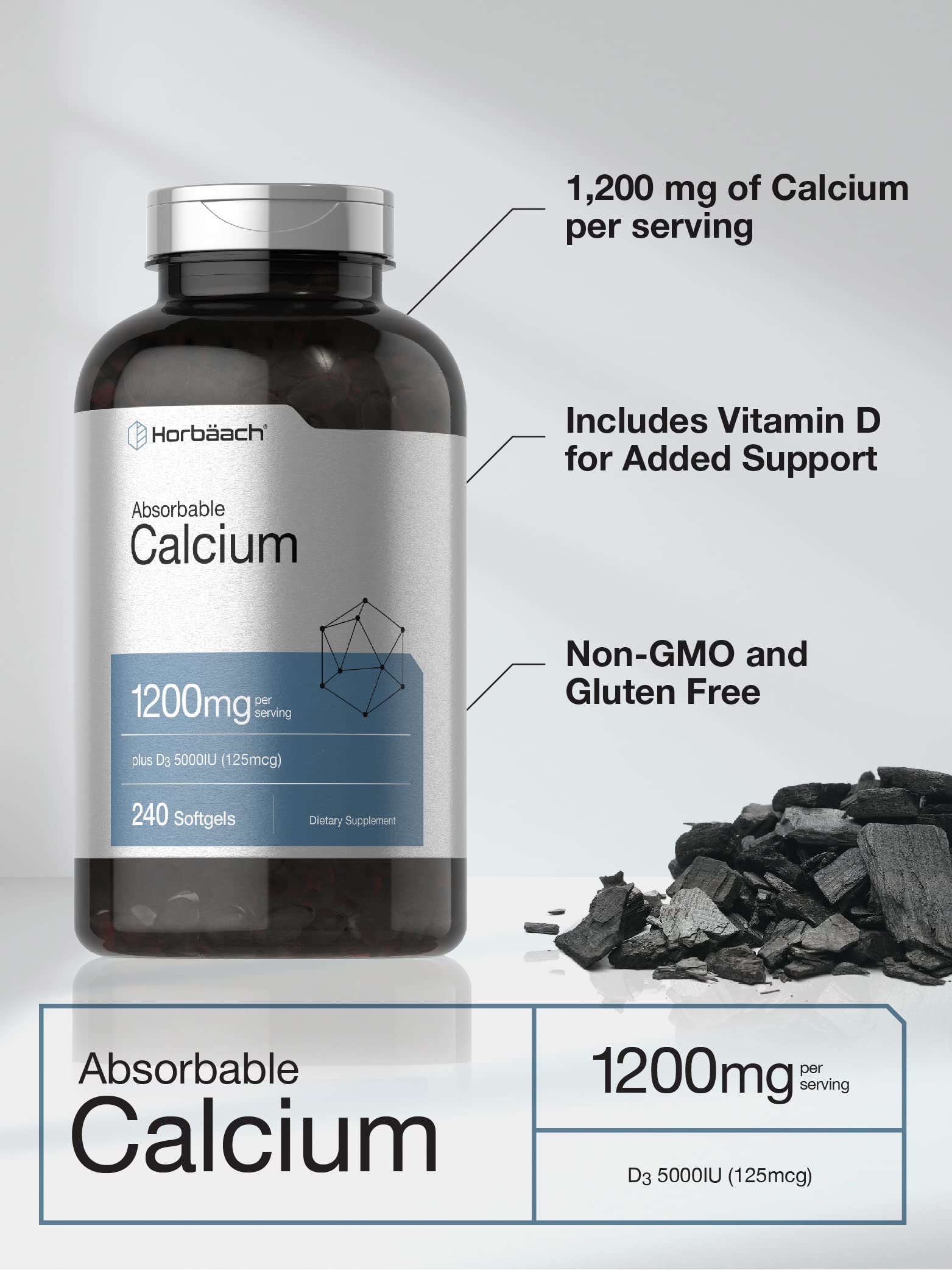 Horbäach Calcium 1200 mg with Vitamin D3 | 240 Softgels | 5000 IU Vitamin D3 | Absorbable Calcium Supplement for Women and Men | Non-GMO, Gluten Free - Image 3