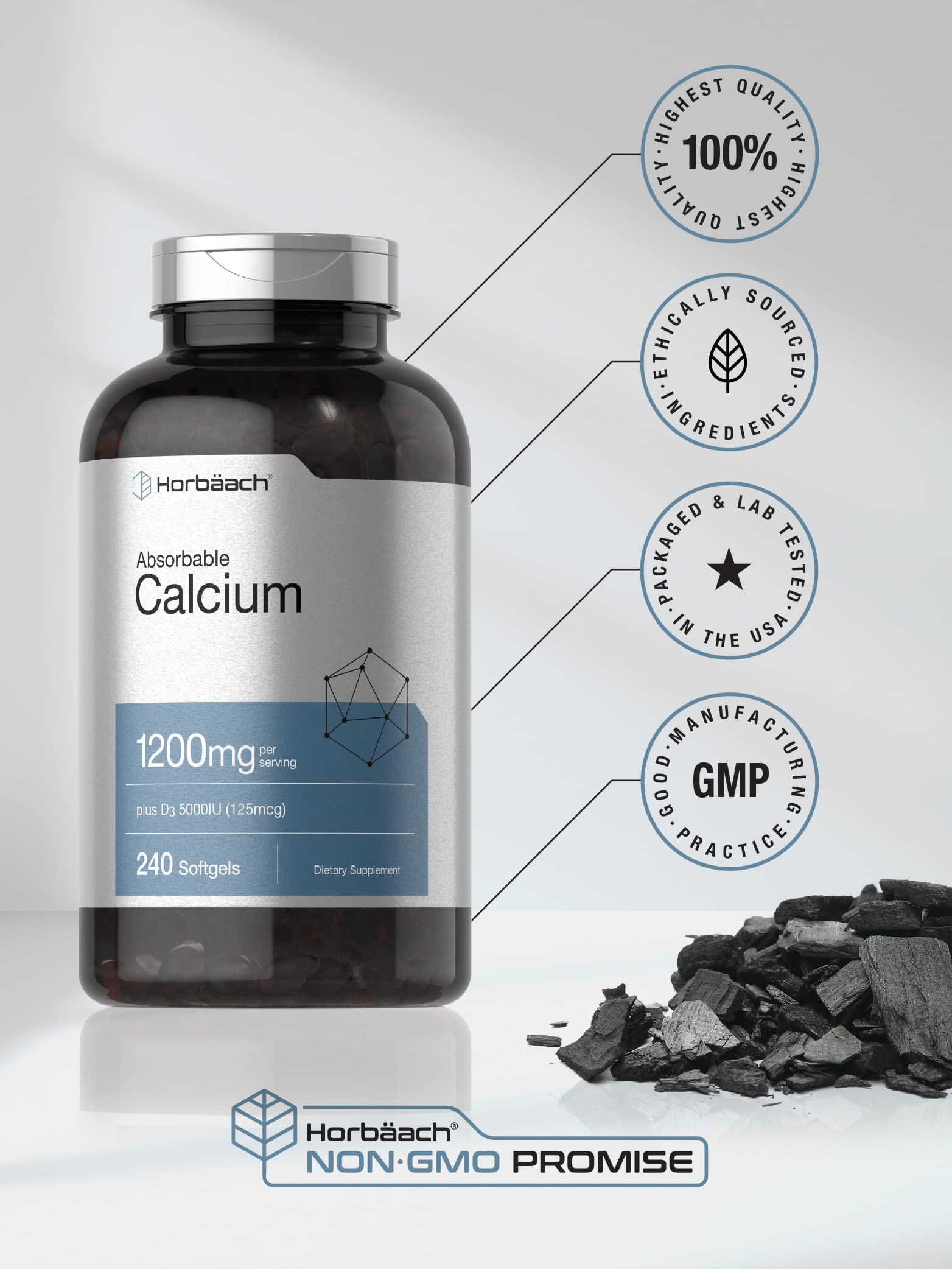 Horbäach Calcium 1200 mg with Vitamin D3 | 240 Softgels | 5000 IU Vitamin D3 | Absorbable Calcium Supplement for Women and Men | Non-GMO, Gluten Free - Image 5