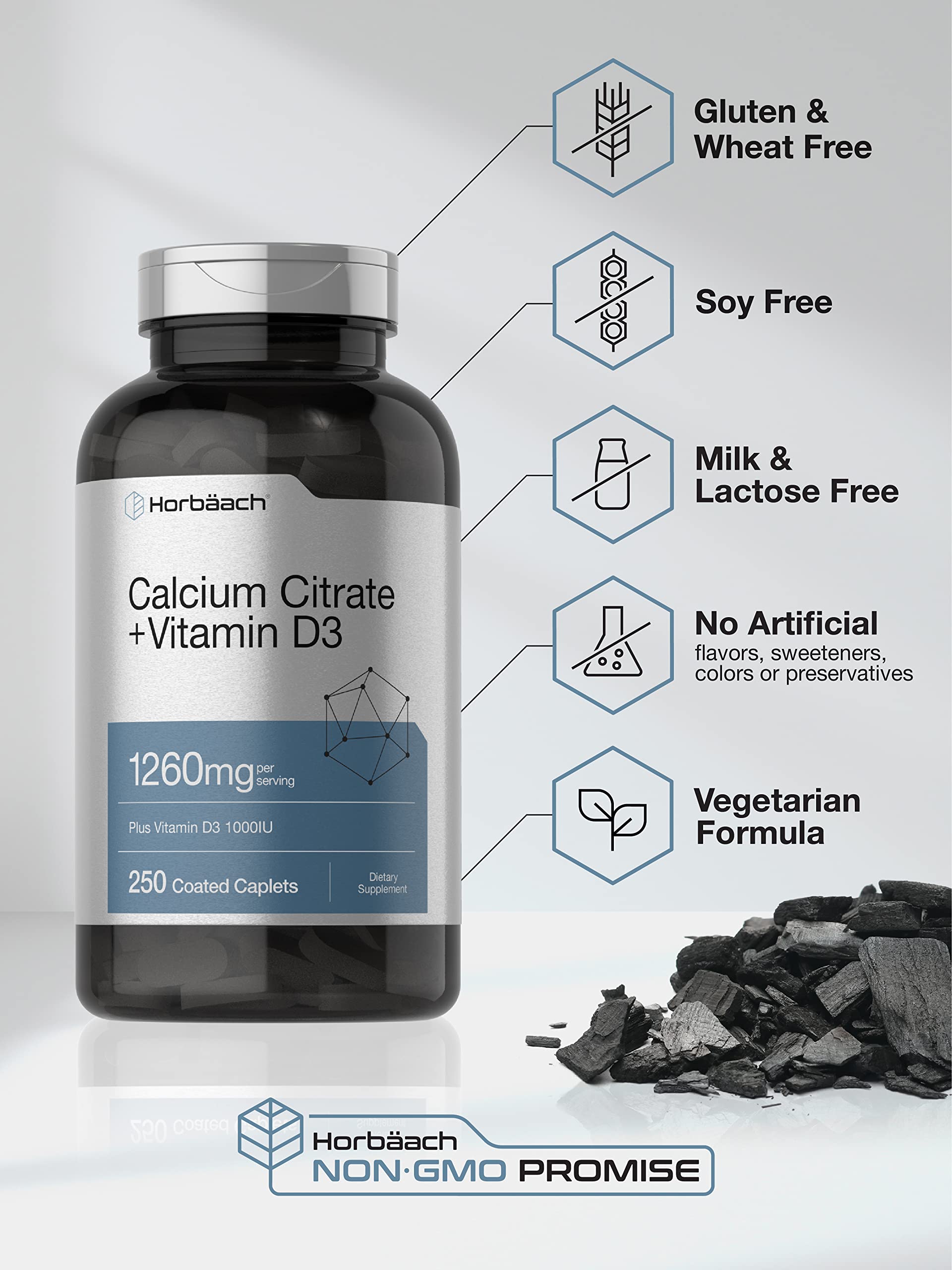 Horbäach Calcium Citrate with Vitamin D3 | 1260 mg | 250 Caplets | Vegetarian, Non-GMO, Gluten Free Supplement - Image 4
