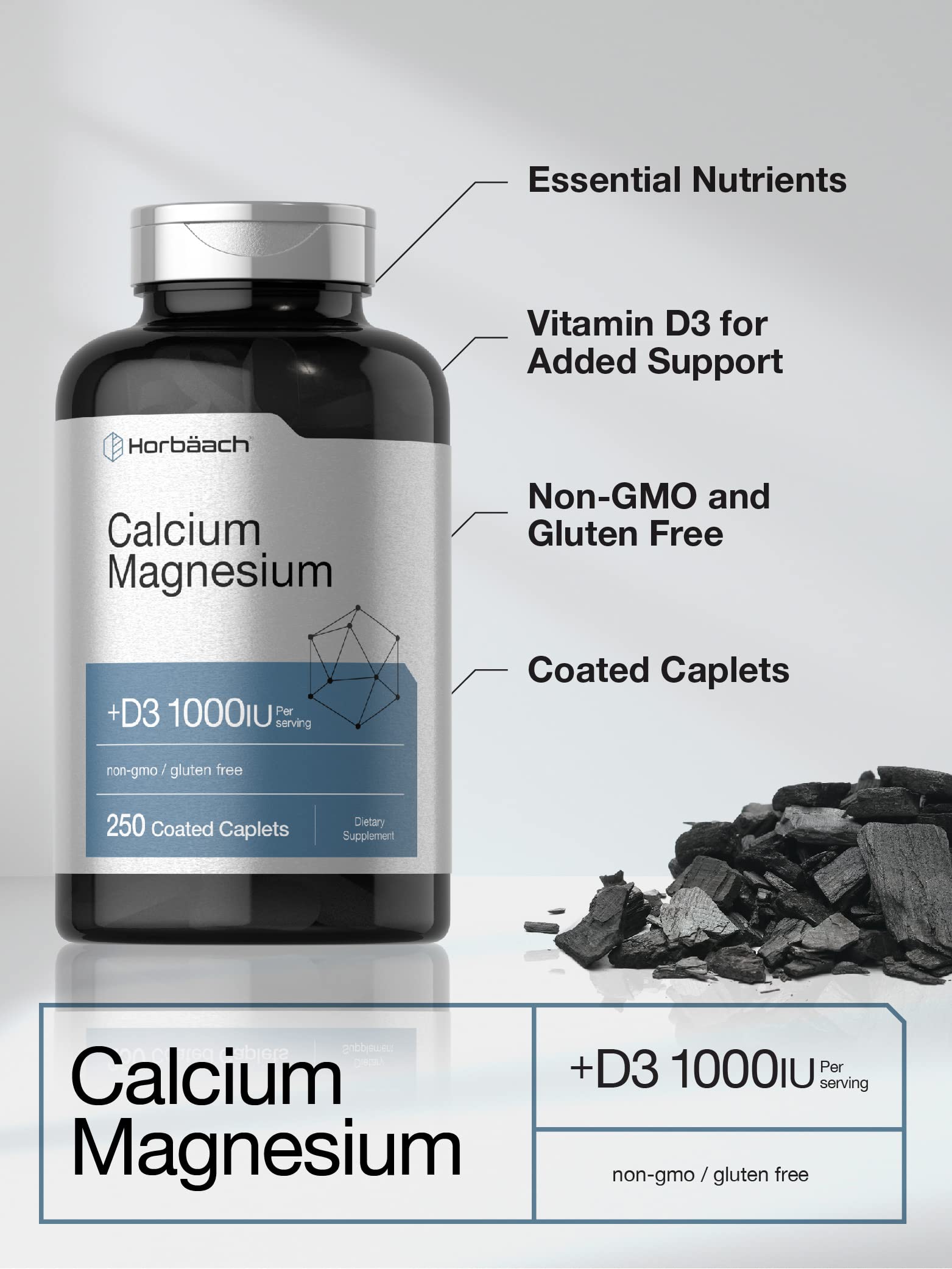 Horbäach Calcium Magnesium D3 Supplement | 1000 IU D3 | 250 Coated Caplets | Non-GMO & Gluten Free - Image 3