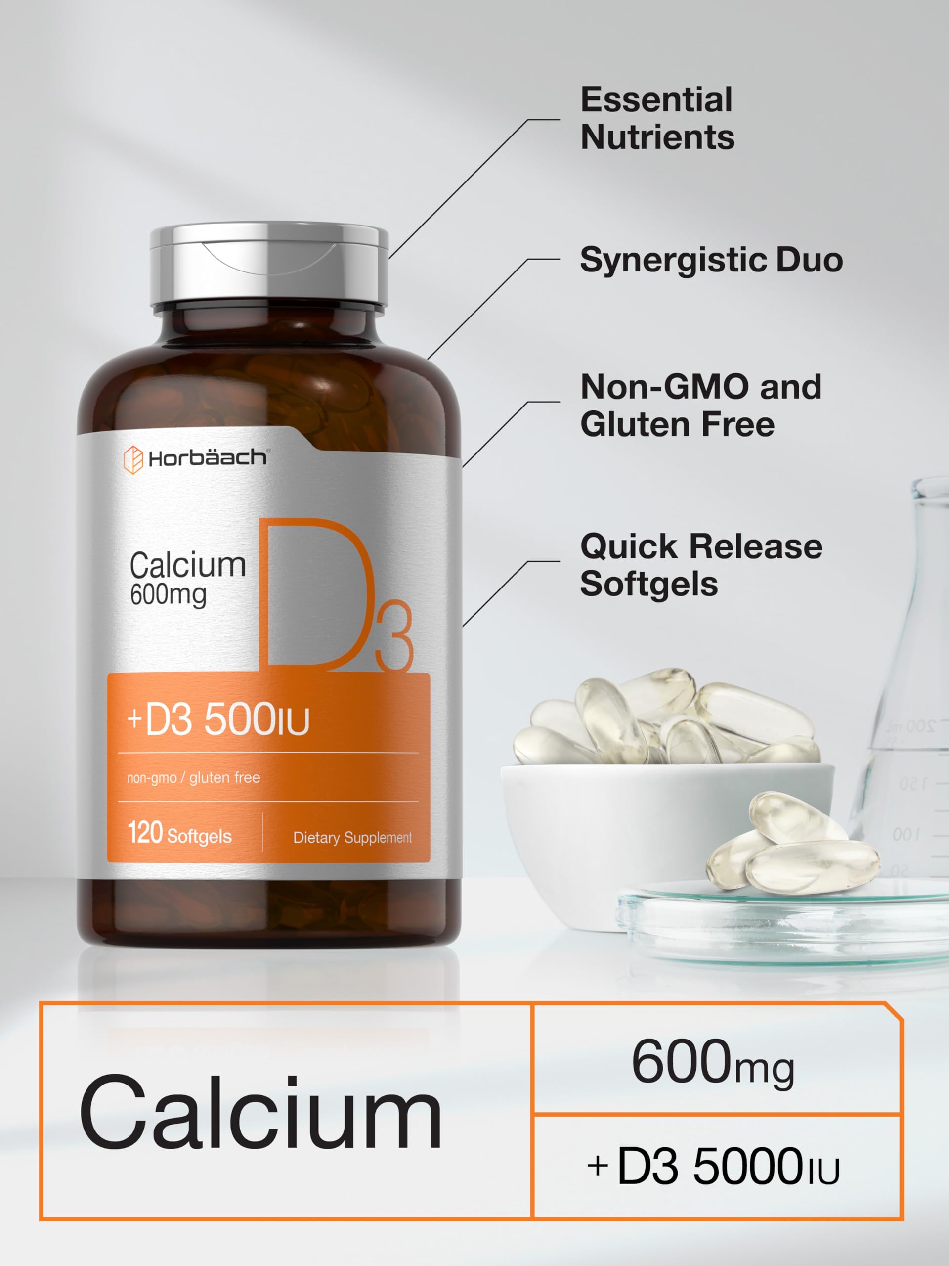 Horbäach Calcium Supplement with Vitamin D3 | 600 mg | 120 Softgels | Non-GMO & Gluten Free | for Men and Women - Image 4