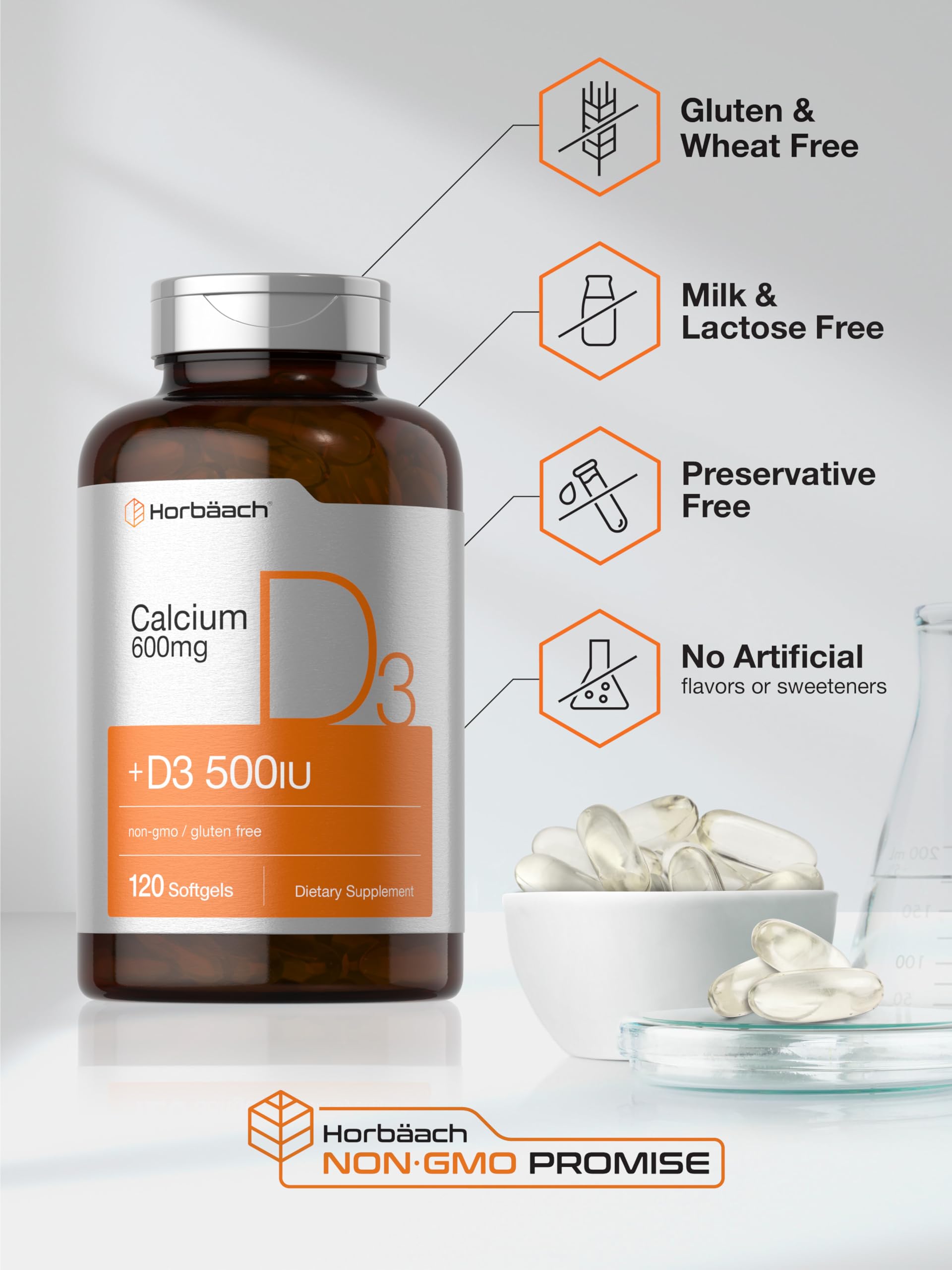 Horbäach Calcium Supplement with Vitamin D3 | 600 mg | 120 Softgels | Non-GMO & Gluten Free | for Men and Women - Image 5