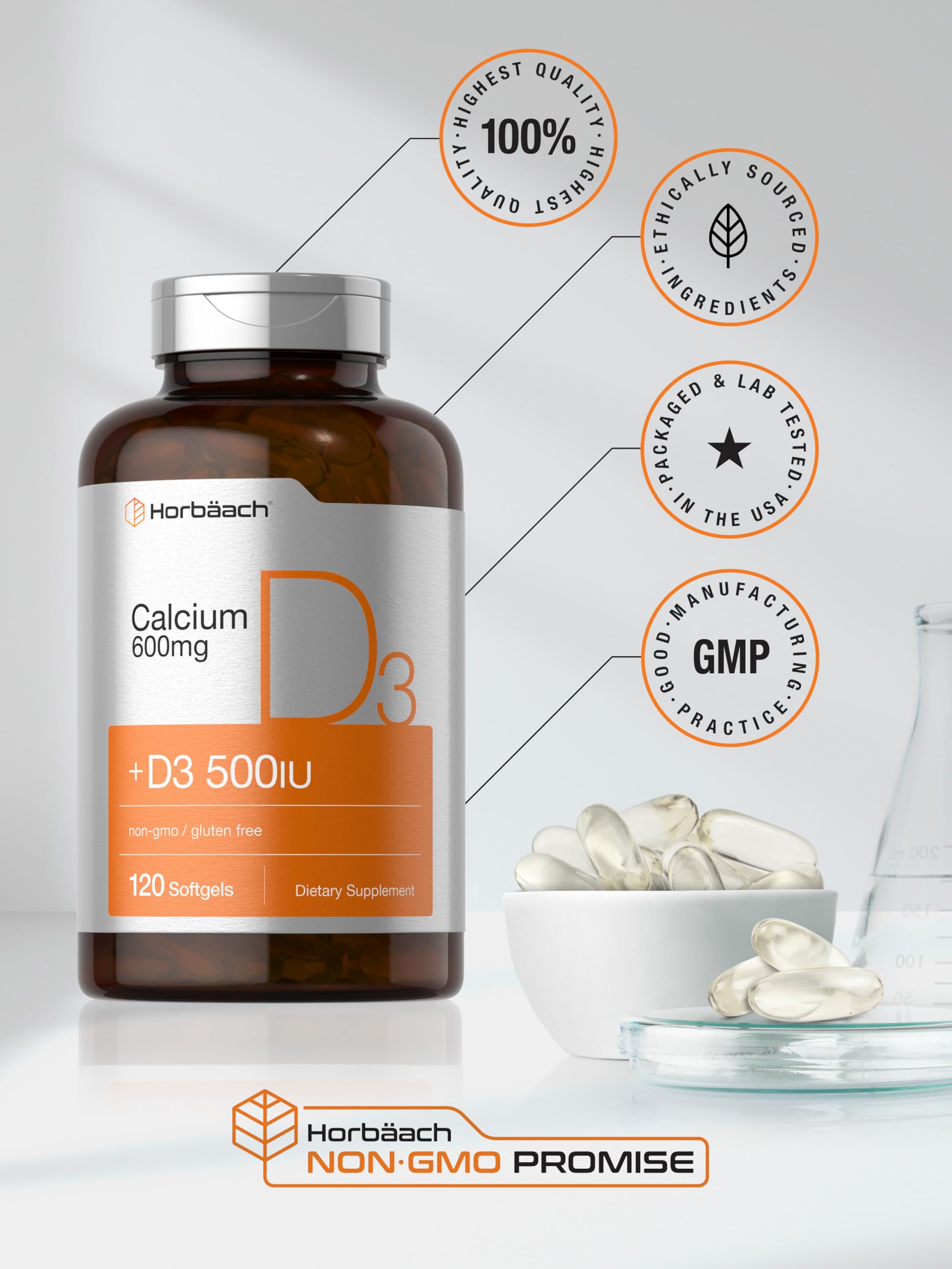 Horbäach Calcium Supplement with Vitamin D3 | 600 mg | 120 Softgels | Non-GMO & Gluten Free | for Men and Women - Image 6
