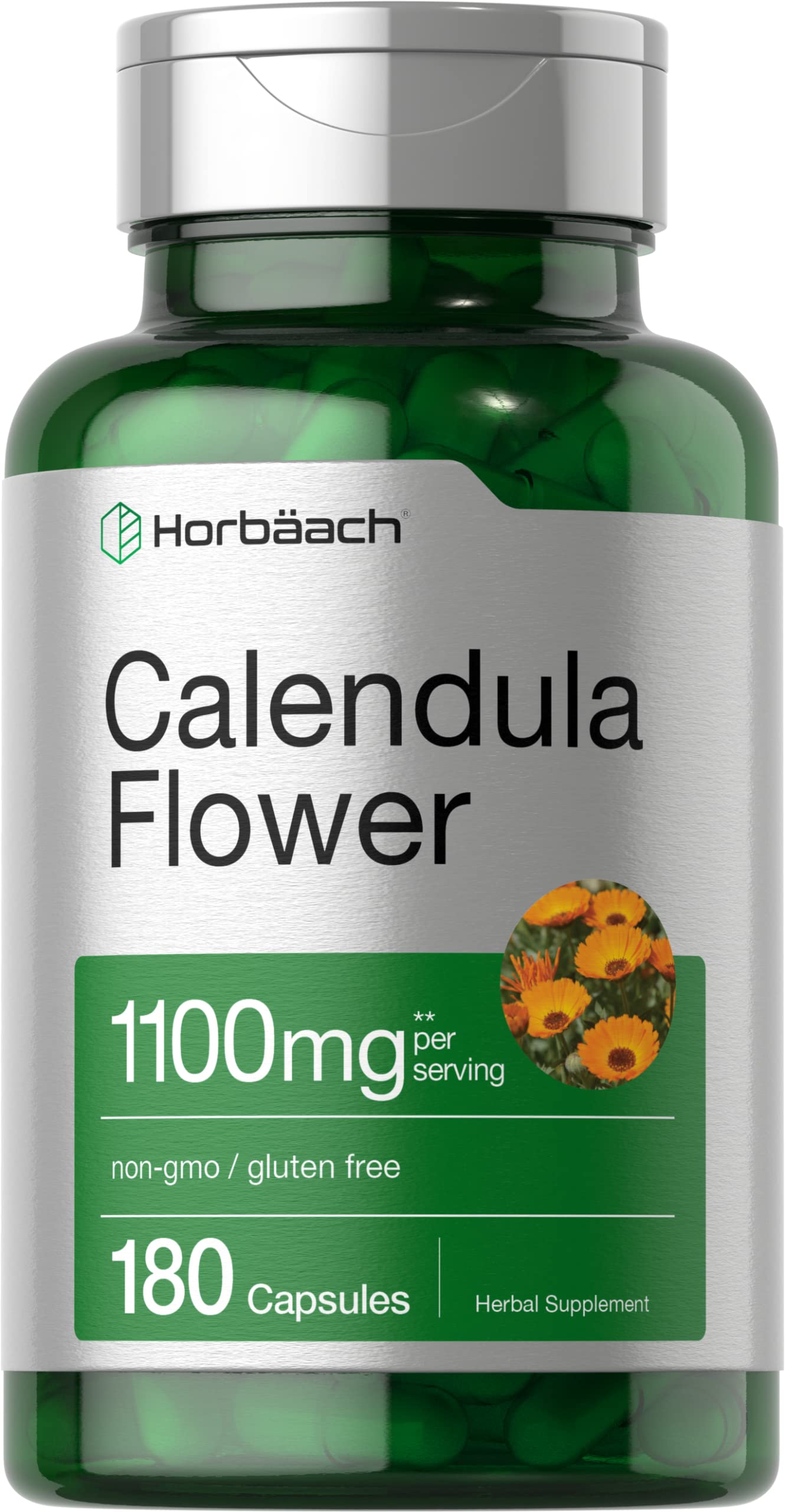 Horbäach Calendula Flower Capsules | 180 Count | Marigold Extract | Non-GMO, Gluten Free Herbal Supplement