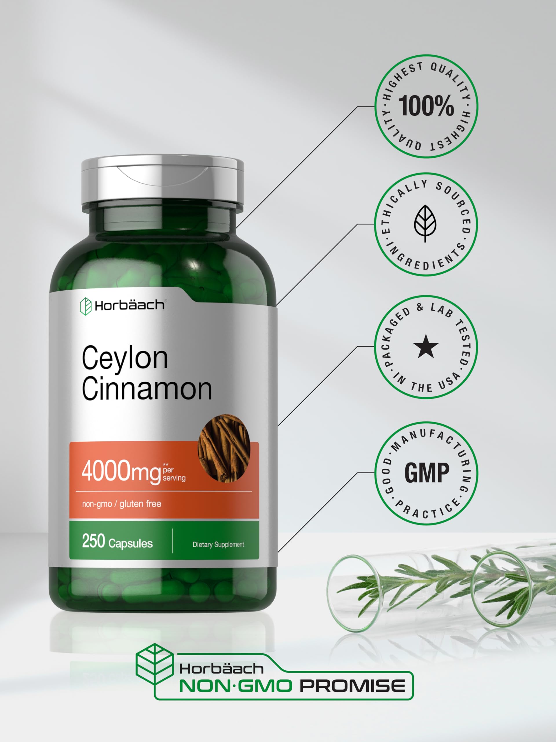 Horbäach Ceylon Cinnamon Capsules | 250 Count | Non-GMO, Gluten Free - Image 6