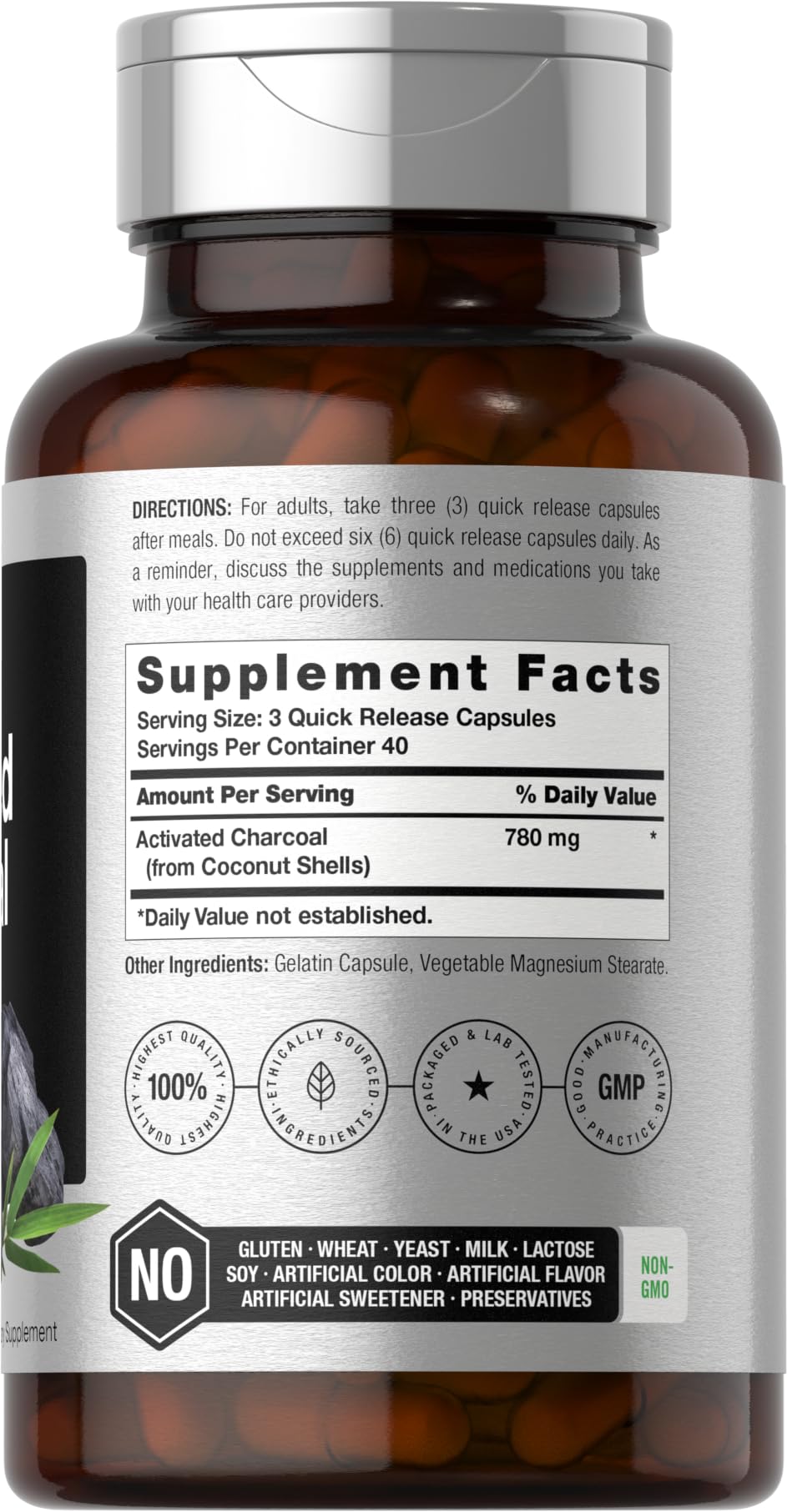 Horbäach Charcoal Pills 780mg | 120 Capsules | Activated Charcoal from Coconut Shells | Non-GMO and Gluten Free | Acti-Coal - Image 2