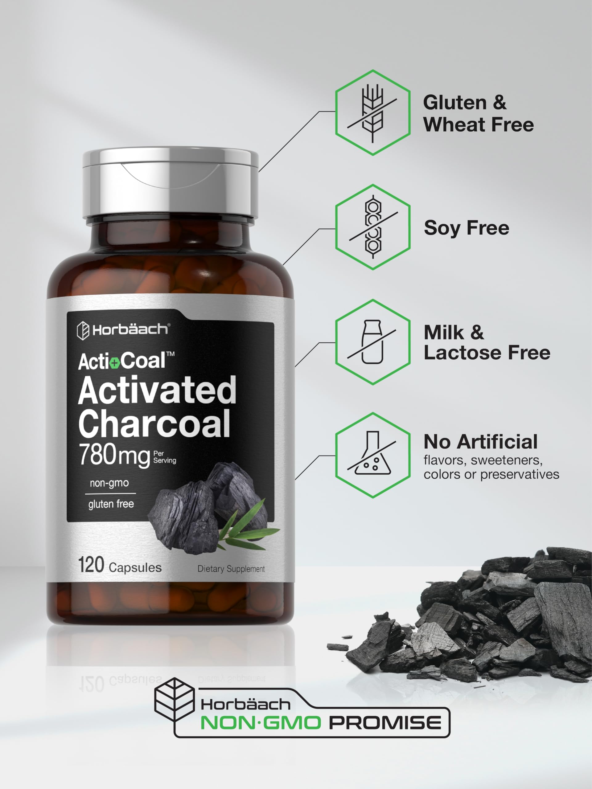Horbäach Charcoal Pills 780mg | 120 Capsules | Activated Charcoal from Coconut Shells | Non-GMO and Gluten Free | Acti-Coal - Image 5