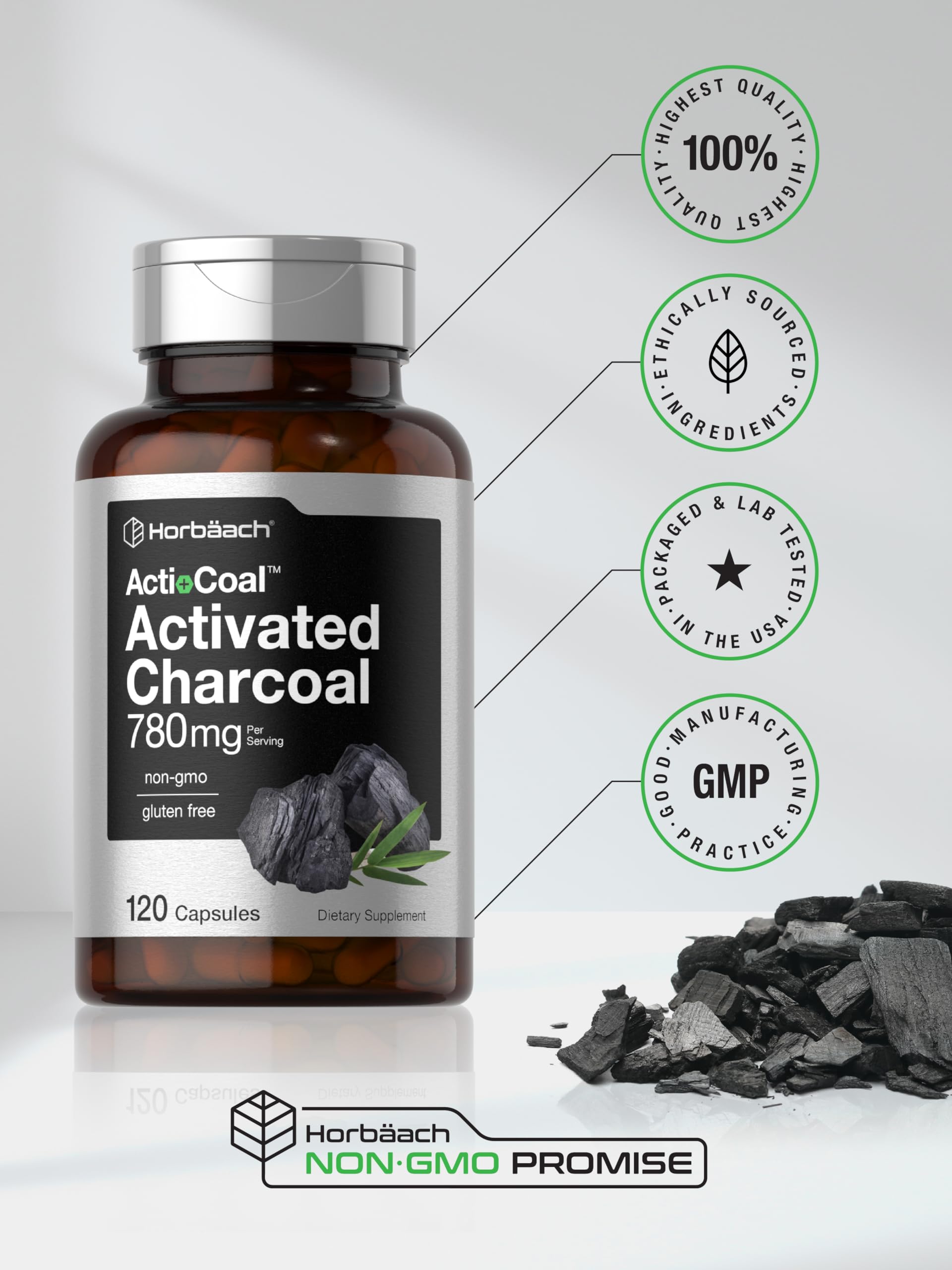 Horbäach Charcoal Pills 780mg | 120 Capsules | Activated Charcoal from Coconut Shells | Non-GMO and Gluten Free | Acti-Coal - Image 6