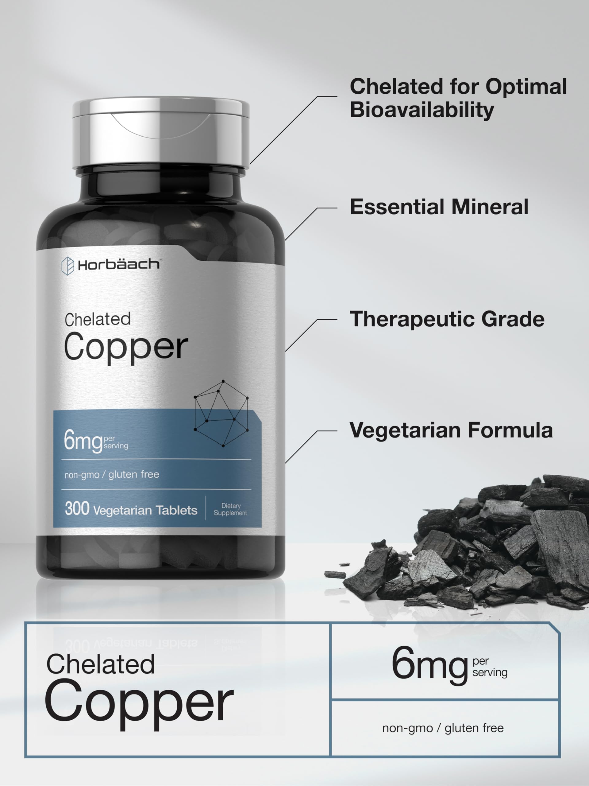 Horbäach Chelated Copper Supplement 6mg | 300 Tablets | Essential Trace Mineral | Vegetarian, Non-GMO, Gluten Free - Image 3