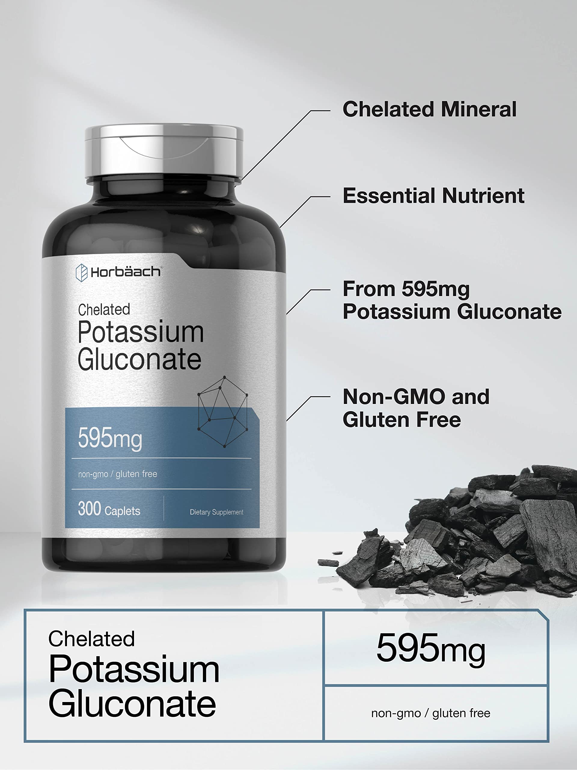 Horbäach Chelated Potassium Gluconate Supplement | 595 mg | 300 Caplets | Vegetarian, Non-GMO, Gluten Free - Image 3