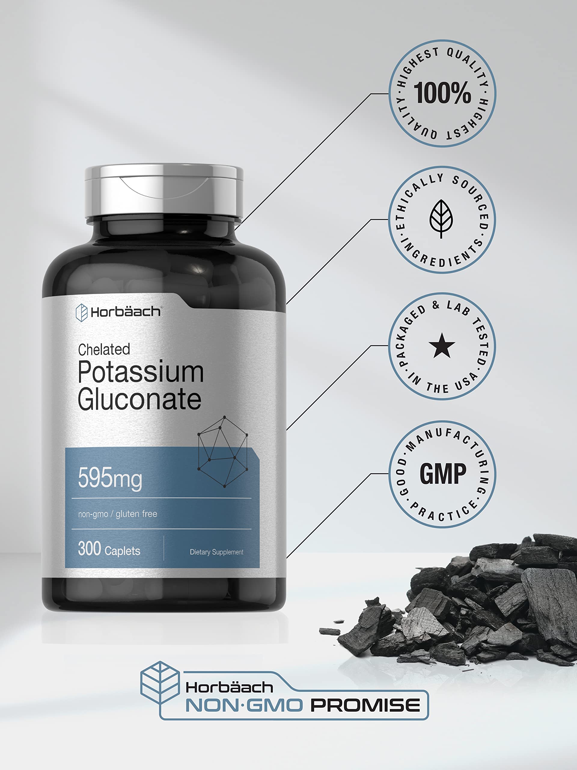 Horbäach Chelated Potassium Gluconate Supplement | 595 mg | 300 Caplets | Vegetarian, Non-GMO, Gluten Free - Image 5